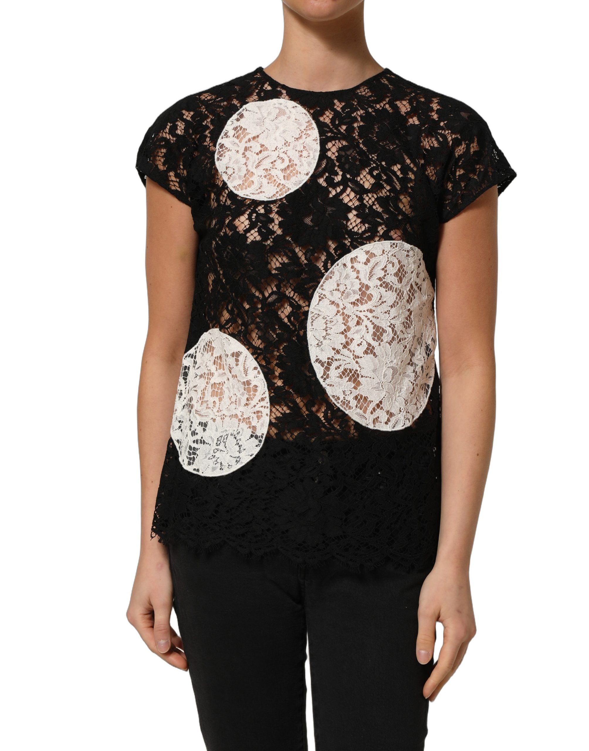 Dolce & Gabbana Kurzarmbluse mit schwarzer und weißer Blumen-Spitze-1