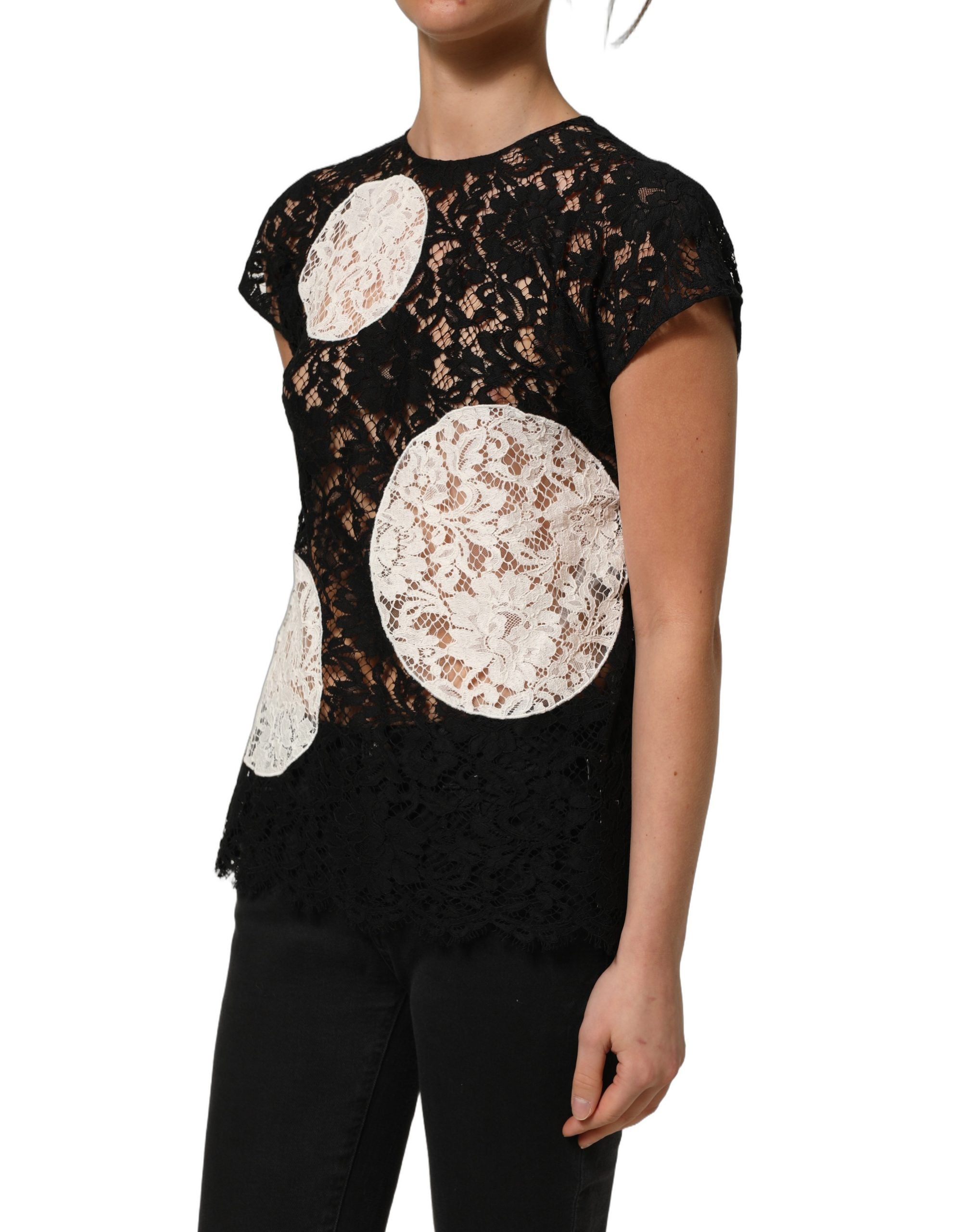 Dolce & Gabbana Kurzarmbluse mit schwarzer und weißer Blumen-Spitze-3