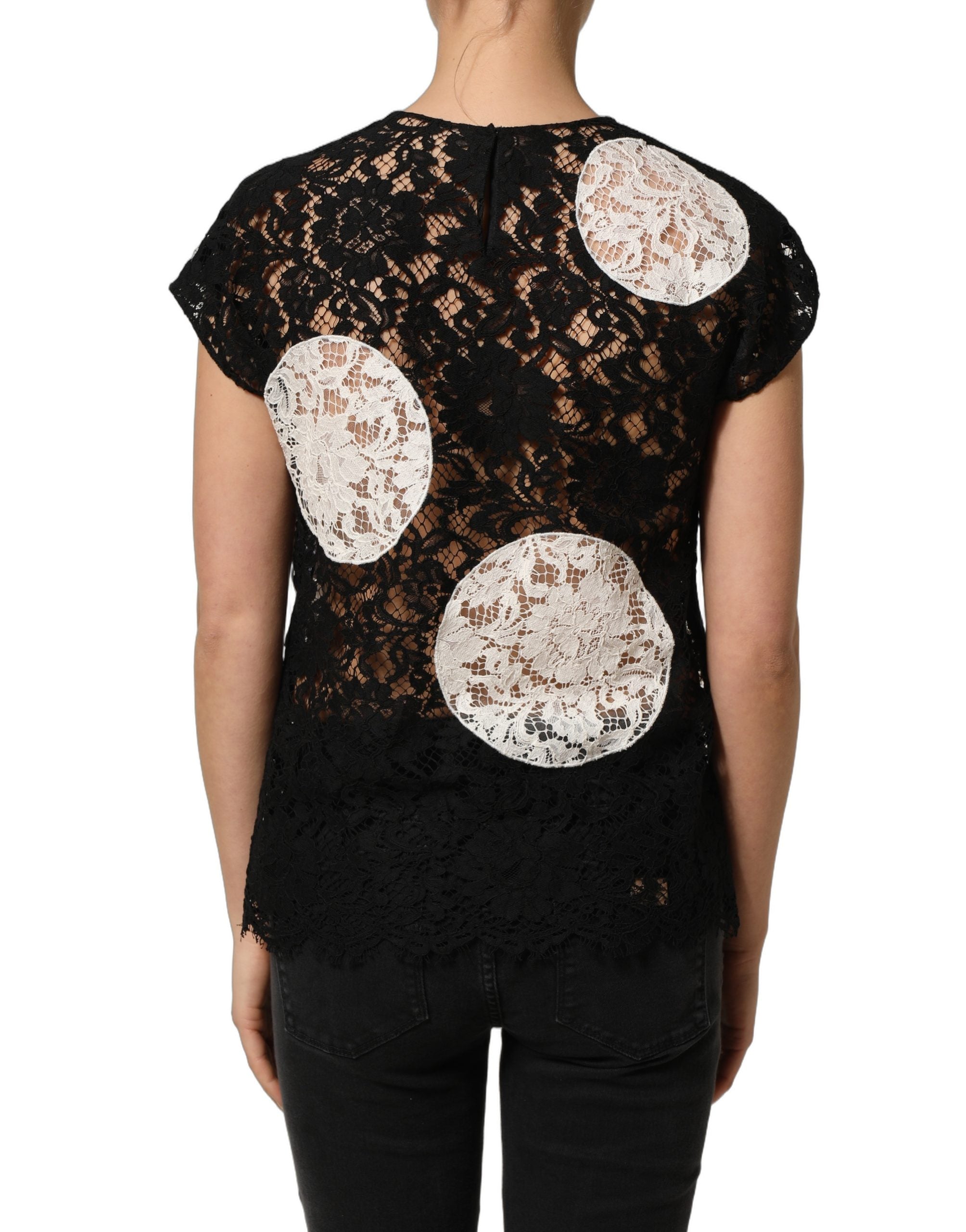 Dolce & Gabbana Kurzarmbluse mit schwarzer und weißer Blumen-Spitze-6