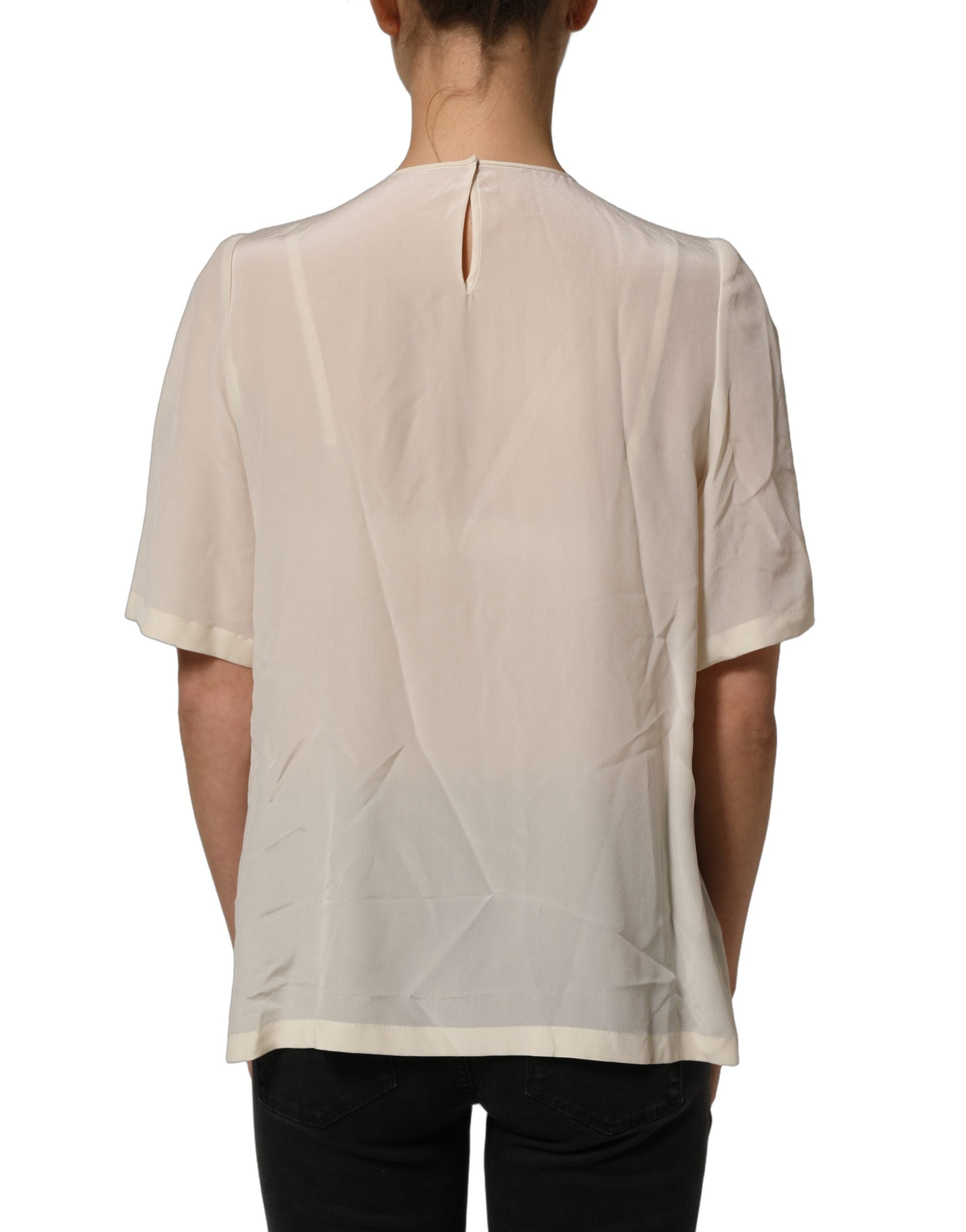Dolce & Gabbana Beige Seidenbluse mit Spitzenbesatz und Schleife, kurze Ärmel-1
