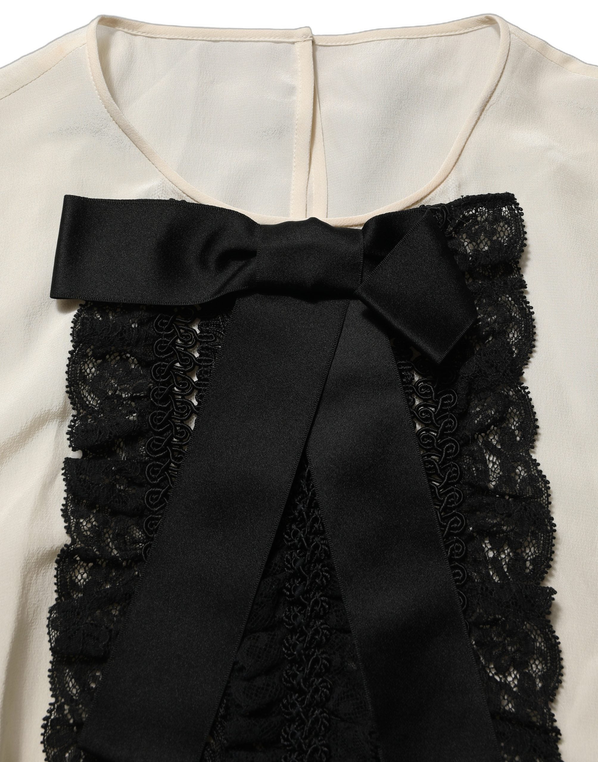 Dolce & Gabbana Beige Seidenbluse mit Spitzenbesatz und Schleife, kurze Ärmel-3