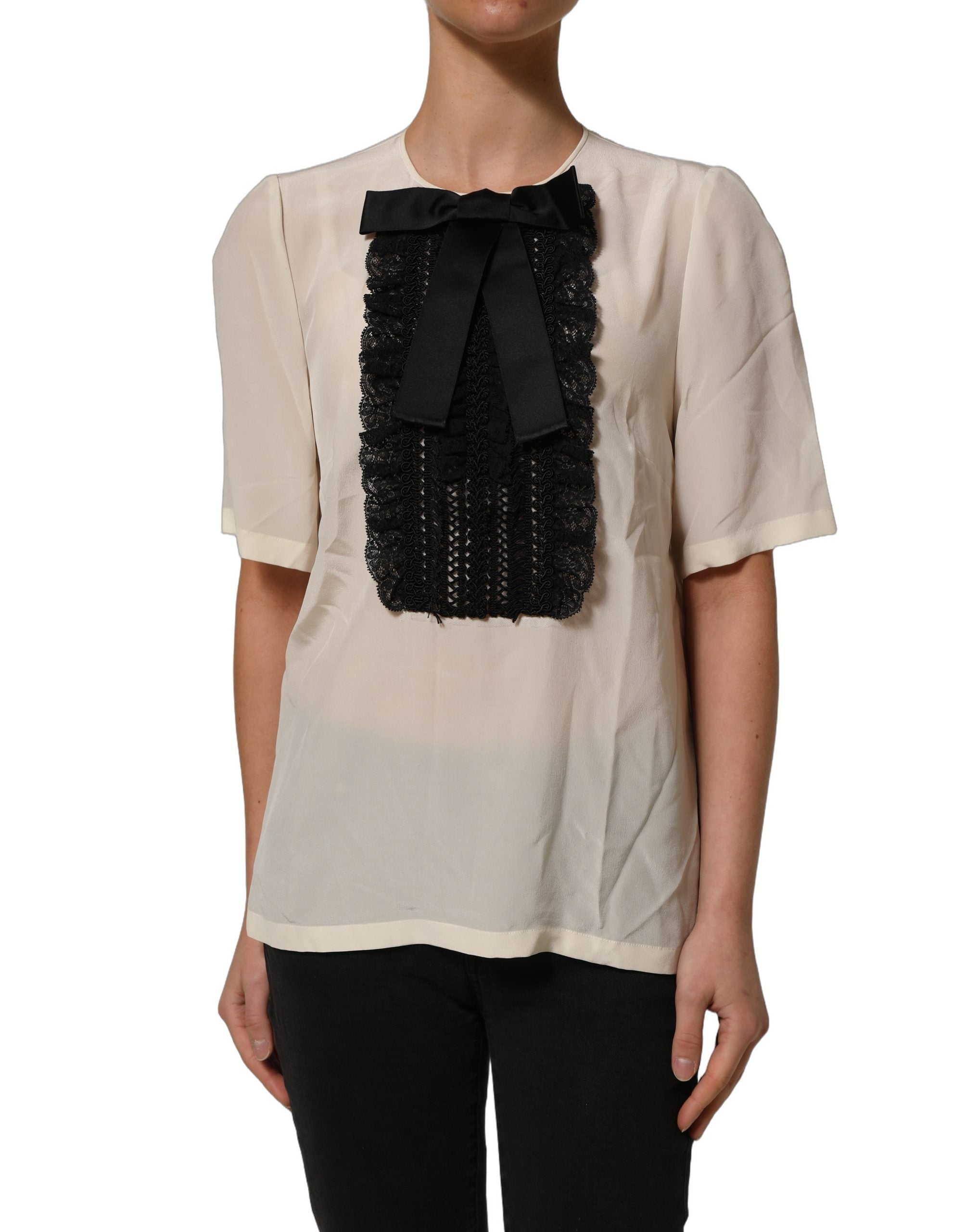 Dolce & Gabbana Beige Seidenbluse mit Spitzenbesatz und Schleife, kurze Ärmel-4