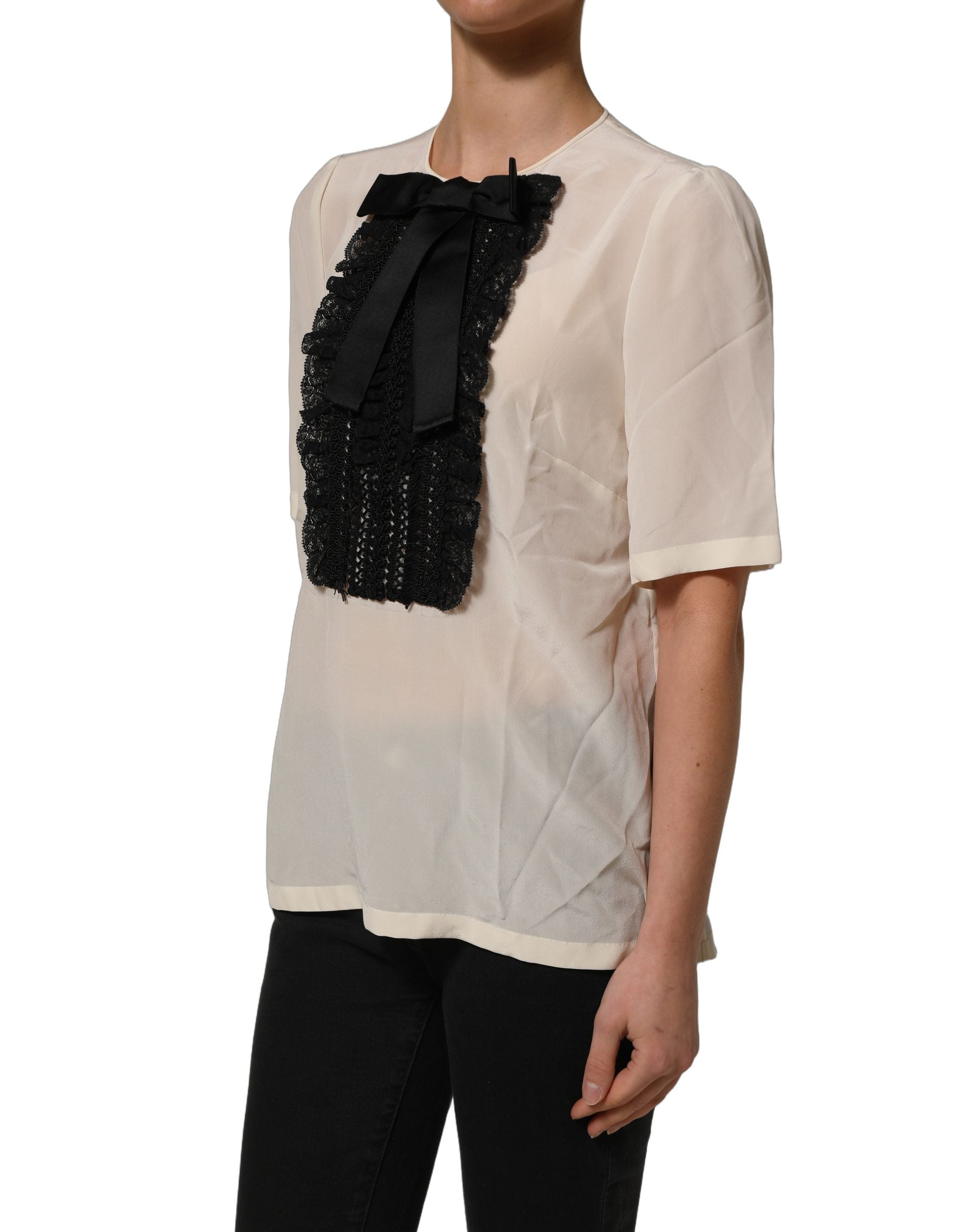 Dolce & Gabbana Beige Seidenbluse mit Spitzenbesatz und Schleife, kurze Ärmel-6