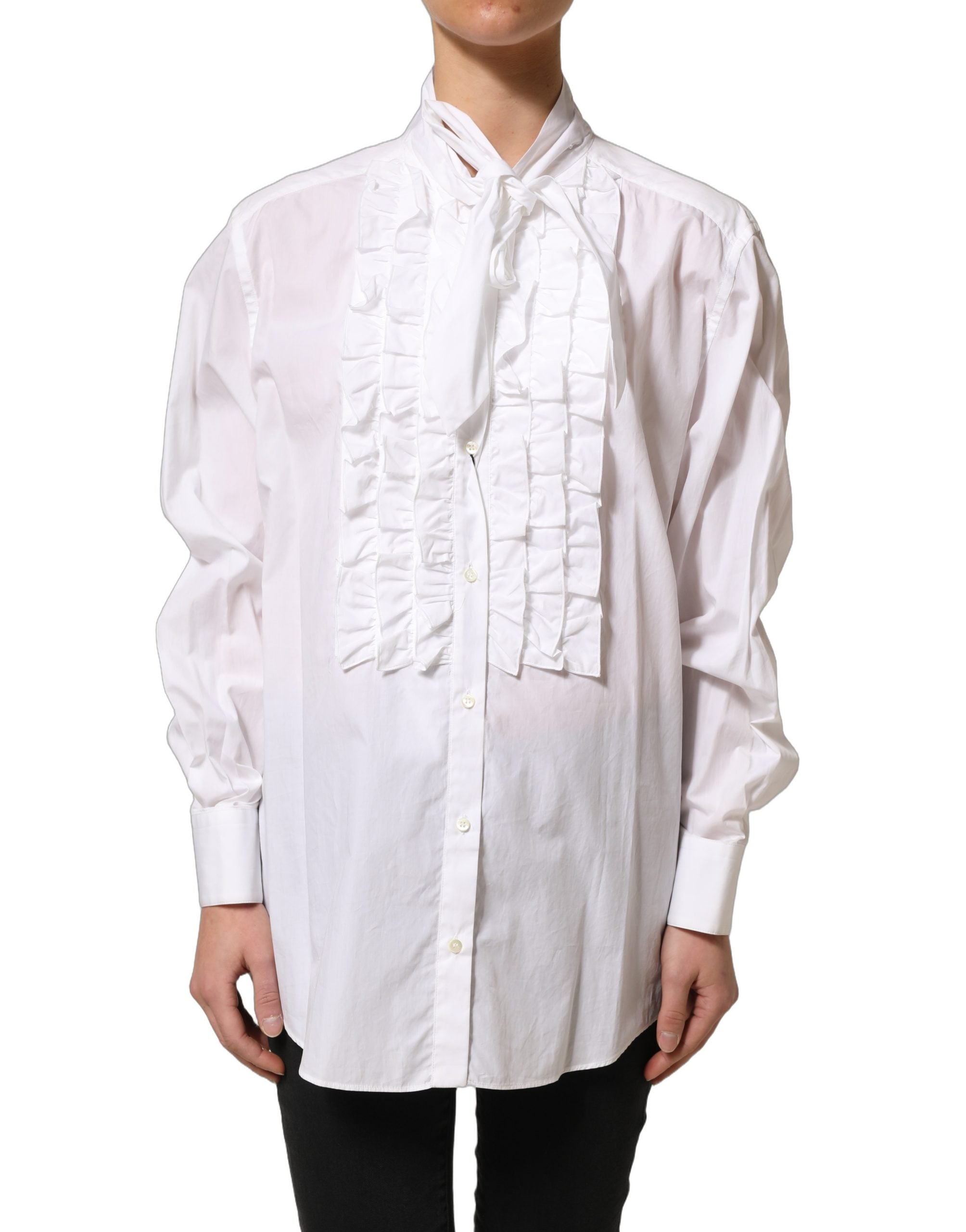 Dolce & Gabbana Weiße Bluse mit Rüschen-Latz und langen Ärmeln-3