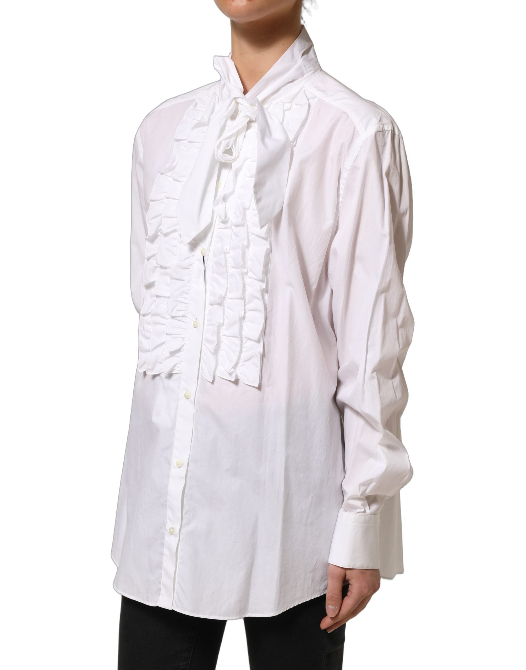 Dolce & Gabbana Weiße Bluse mit Rüschen-Latz und langen Ärmeln-4