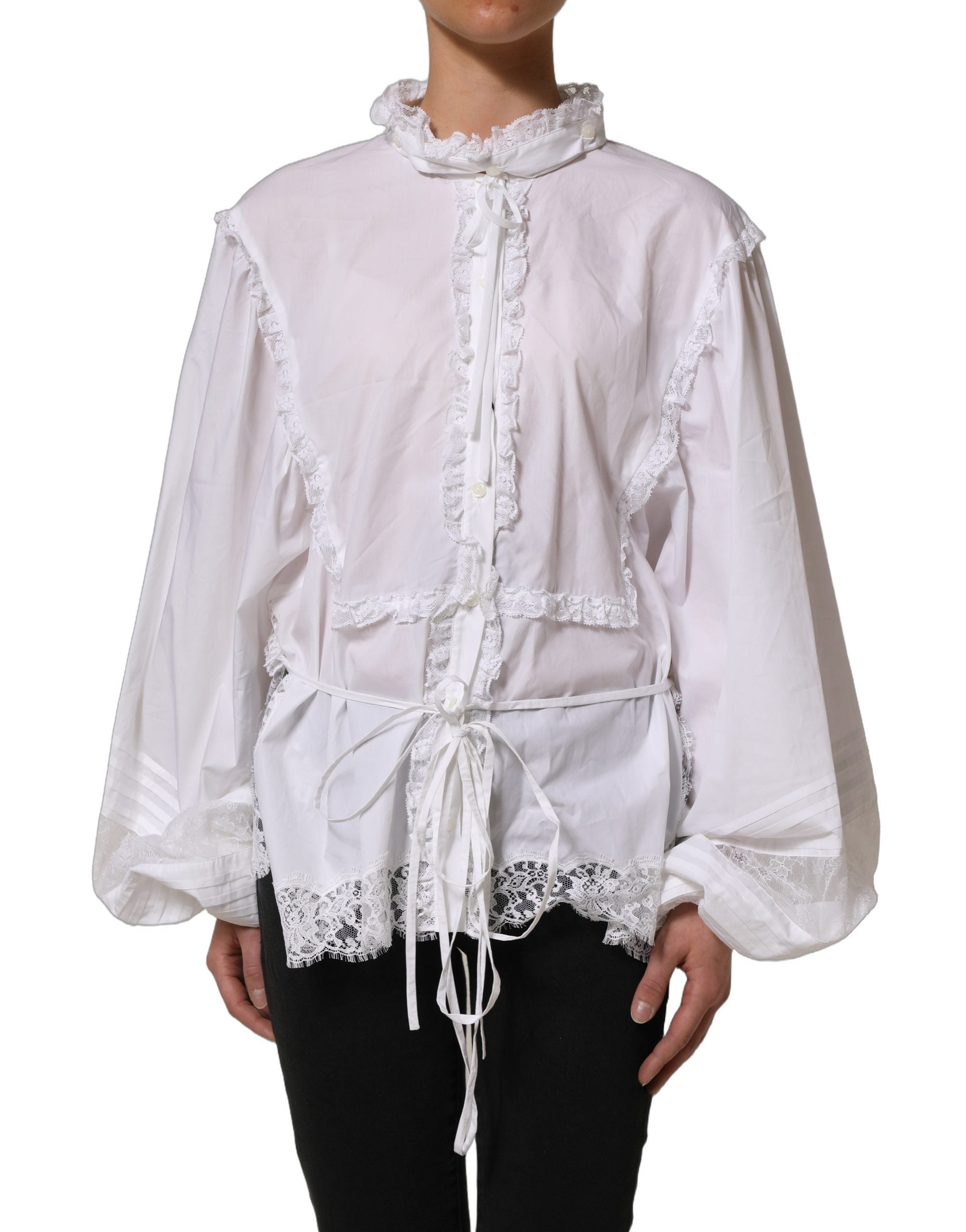Dolce & Gabbana Weißes Blusenoberteil mit Rüschen und Spitzenverzierung-4
