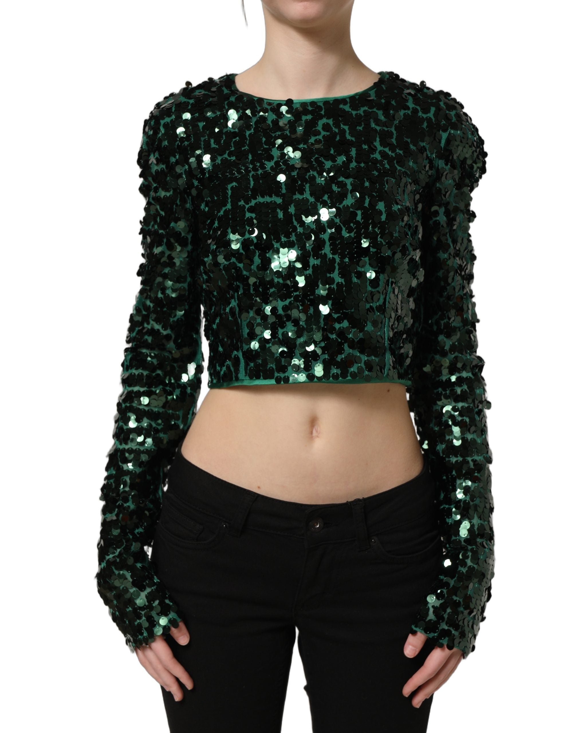 Dolce & Gabbana Grünes Crop-Top mit Pailletten und langen Ärmeln-2