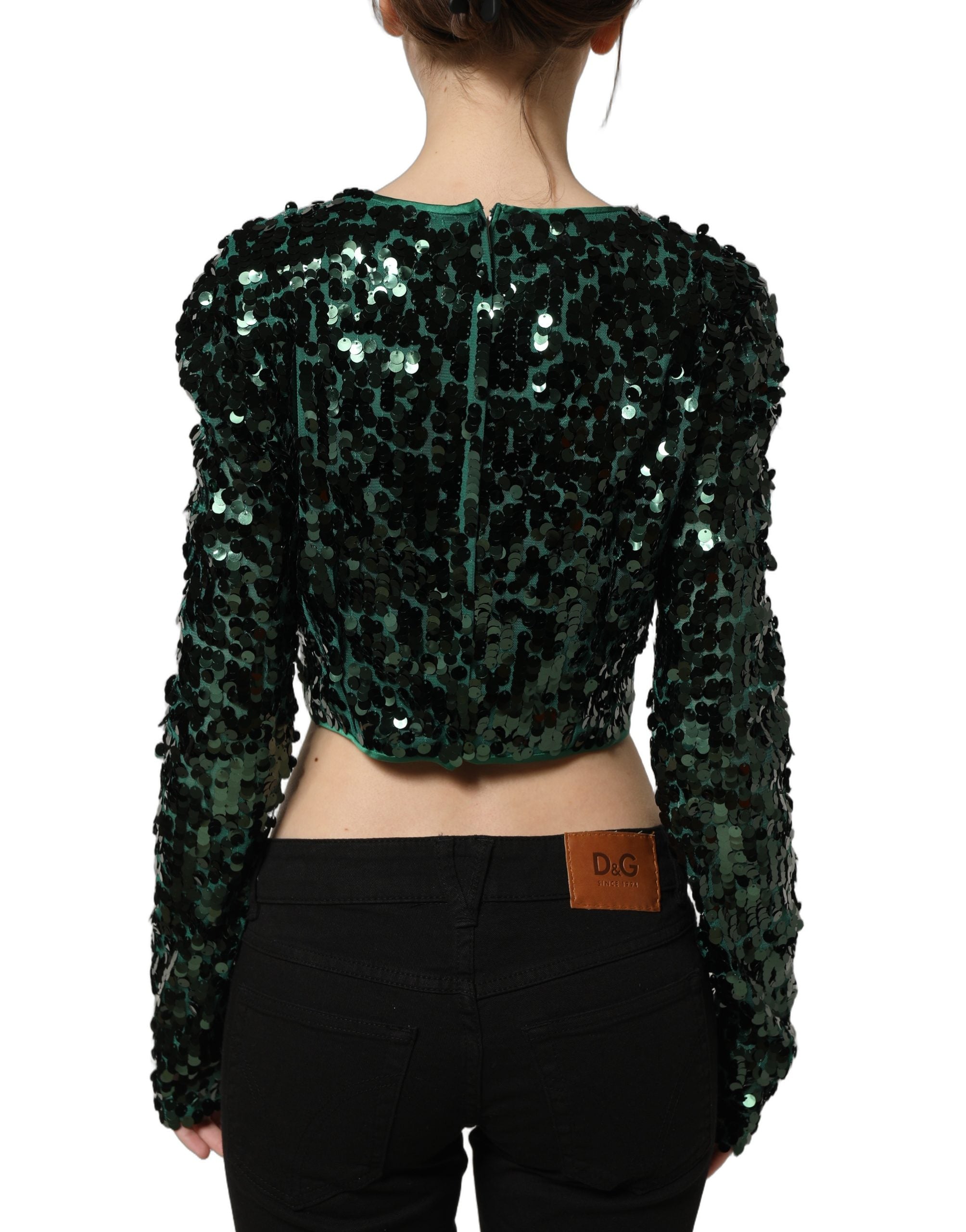 Dolce & Gabbana Grünes Crop-Top mit Pailletten und langen Ärmeln-5