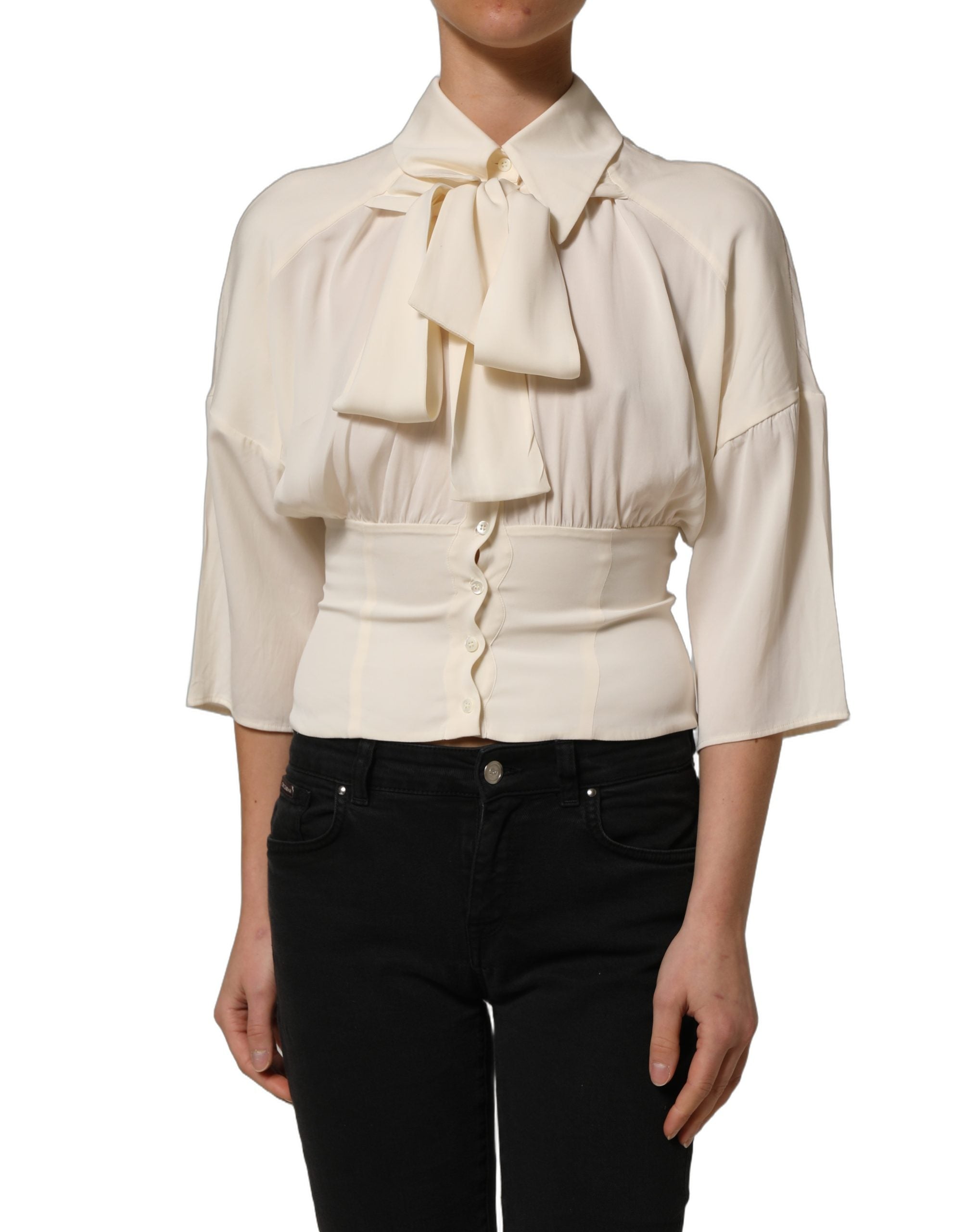 Dolce & Gabbana Weiße Bluse mit Ascot-Kragen und langen Ärmeln-3