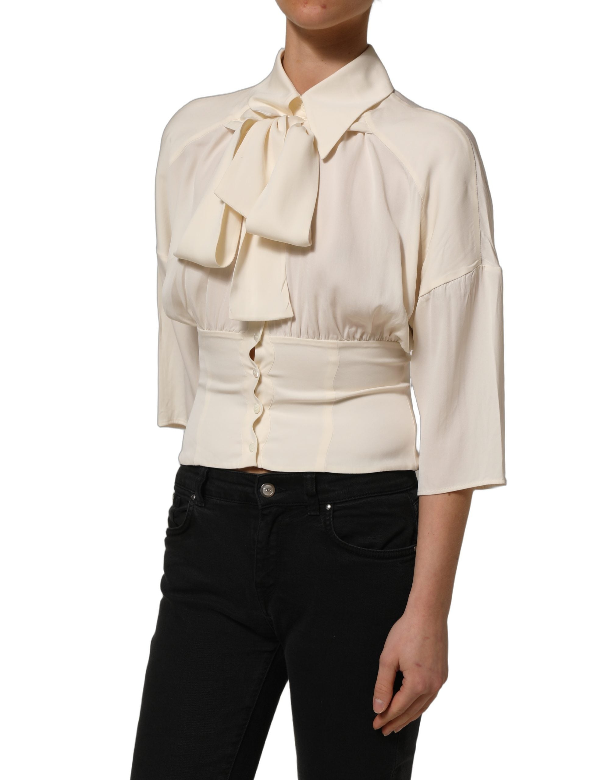 Dolce & Gabbana Weiße Bluse mit Ascot-Kragen und langen Ärmeln-5