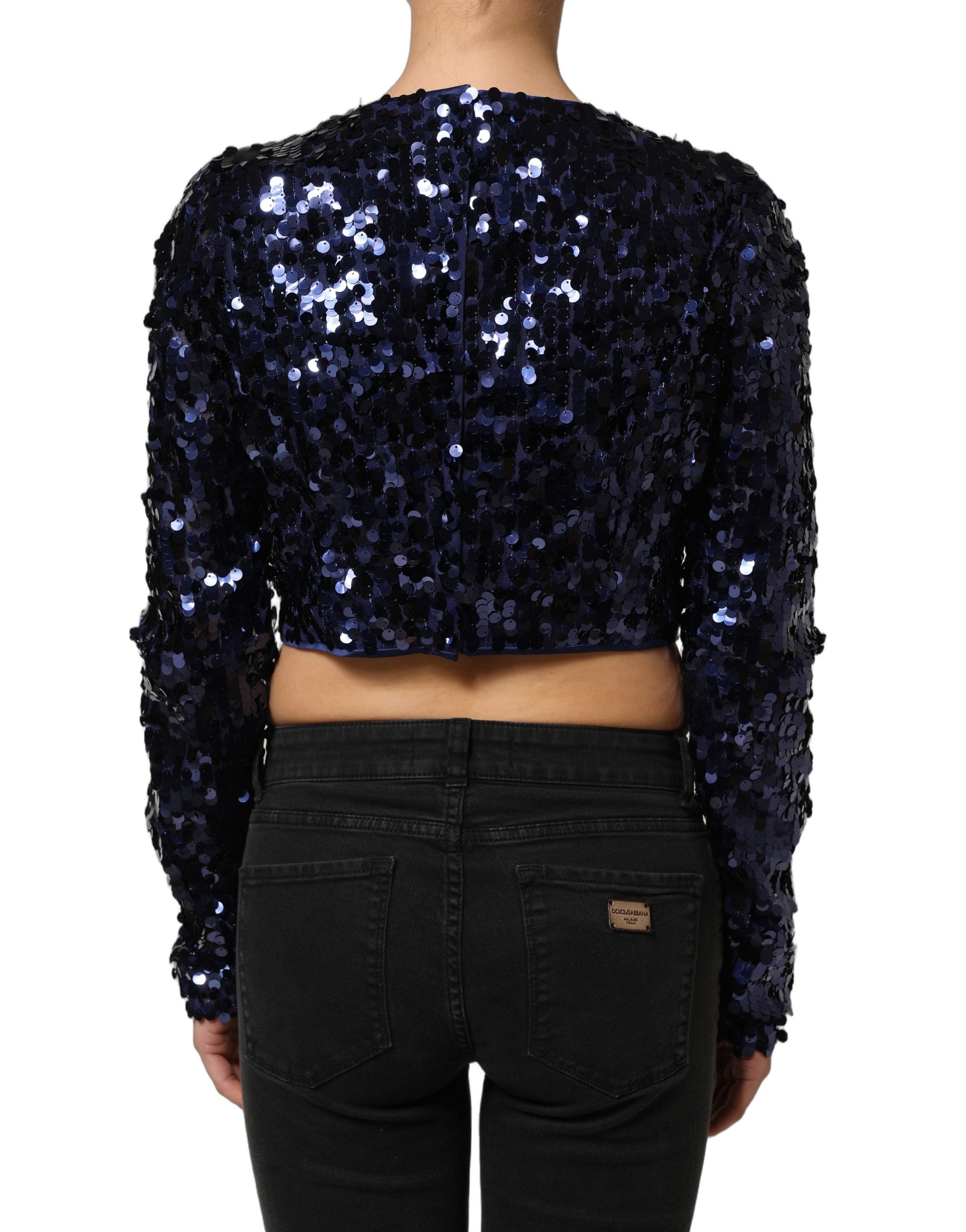 Dolce & Gabbana Blaues Pailletten-Crop-Top mit langen Ärmeln-2