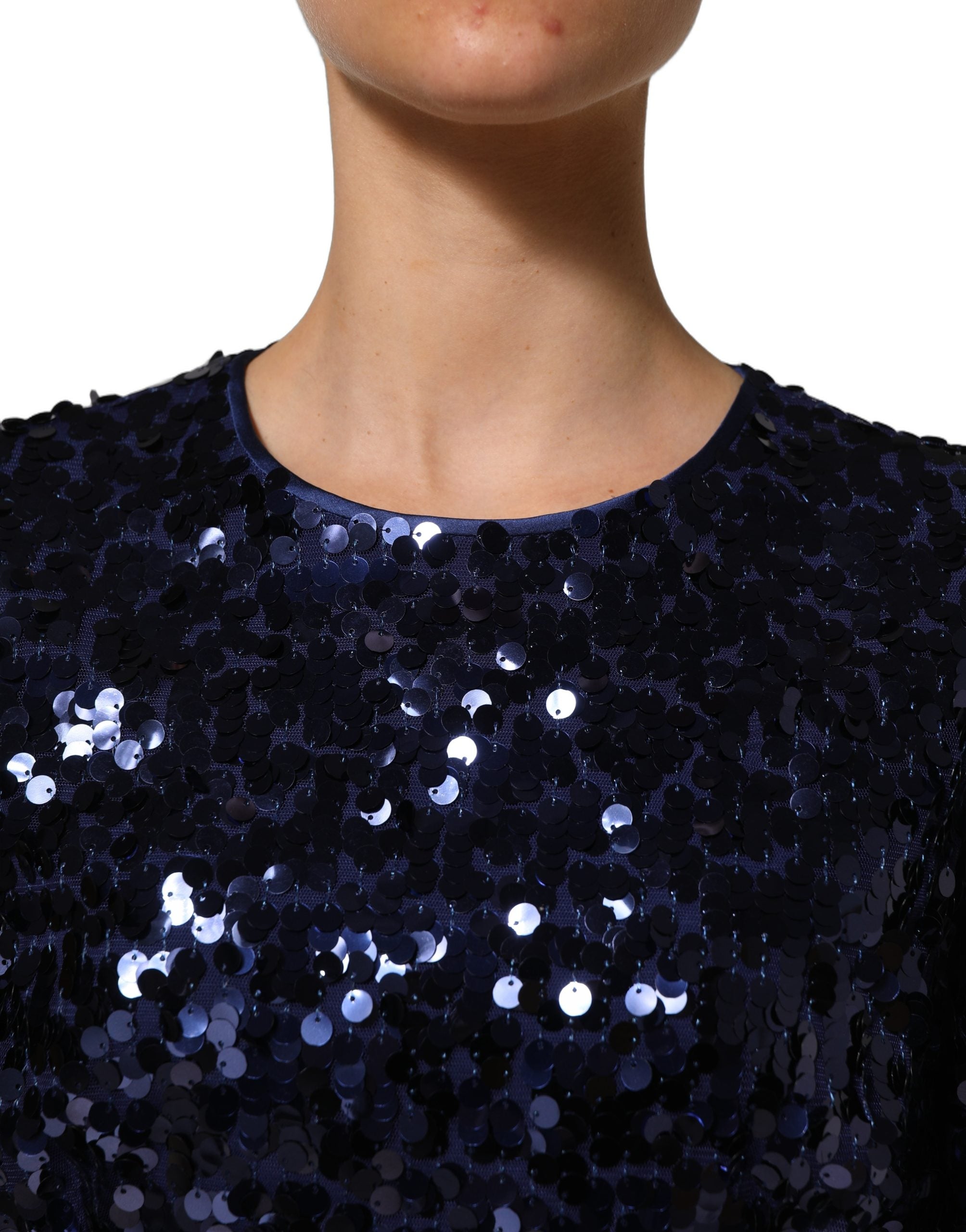 Dolce & Gabbana Blaues Pailletten-Crop-Top mit langen Ärmeln-3