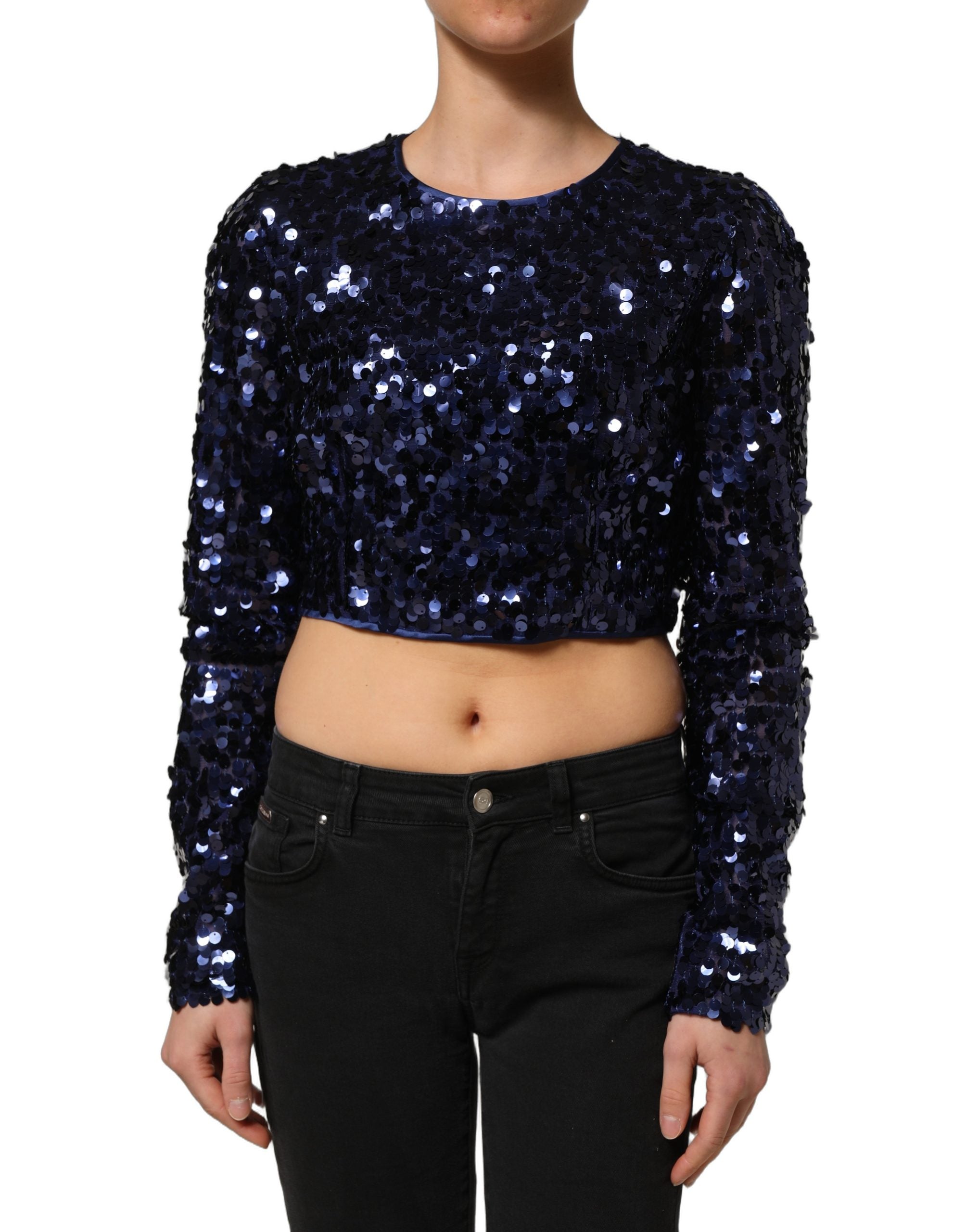 Dolce & Gabbana Blaues Pailletten-Crop-Top mit langen Ärmeln-6