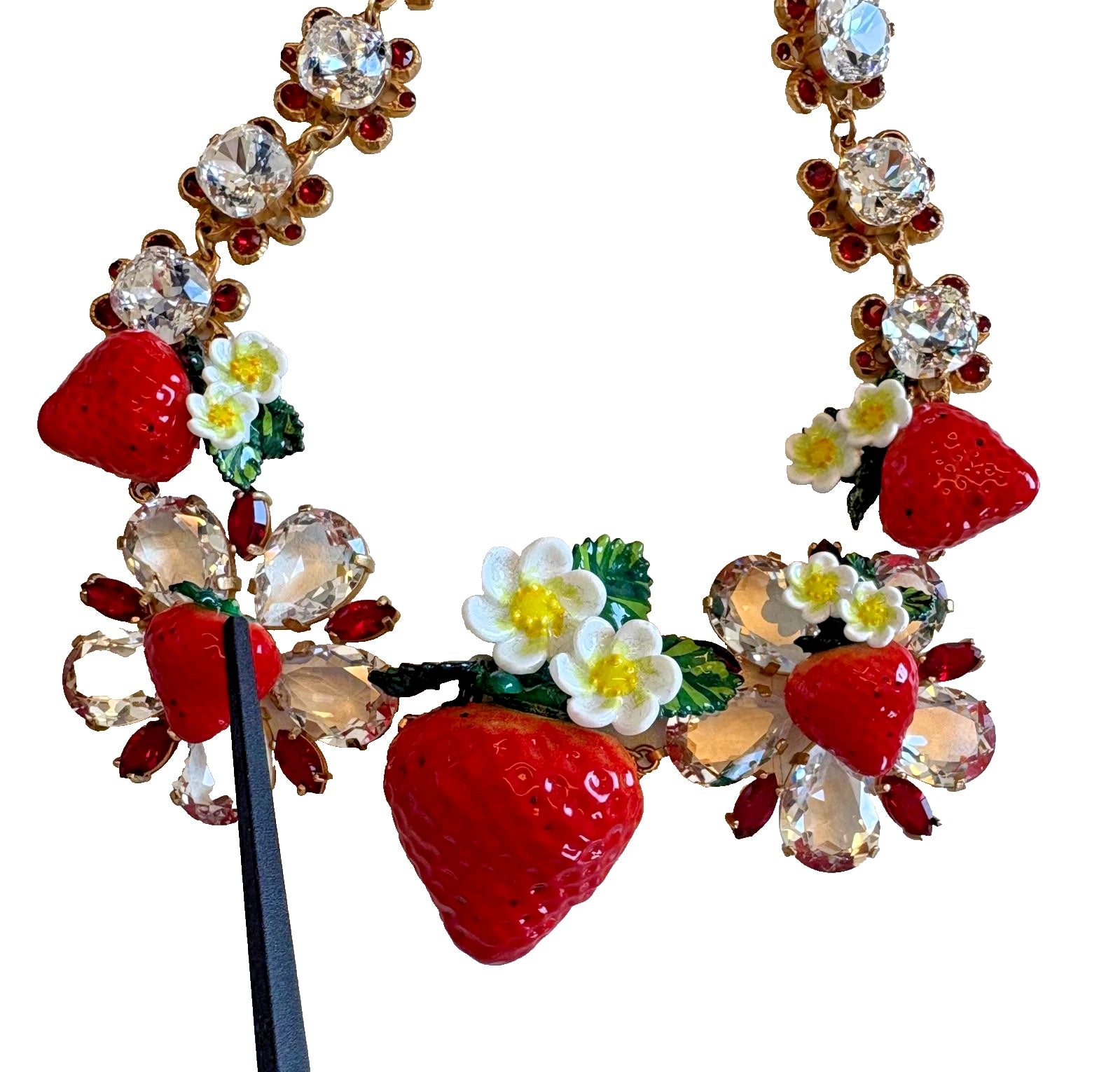 Dolce & Gabbana Halskette mit FRUIT-Anhängern aus goldfarbenem Messing, Blumen und Kristall-Logo-7