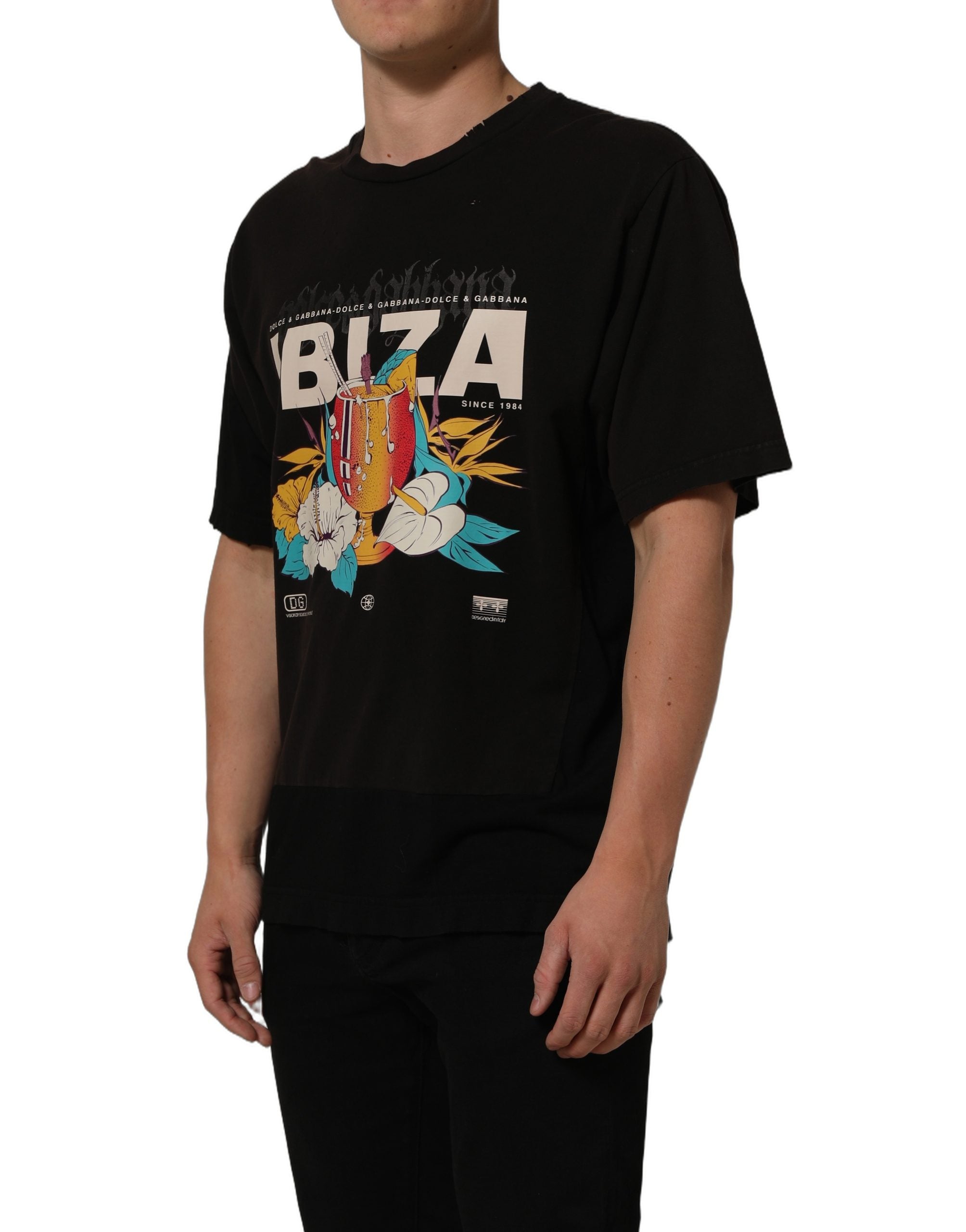 Dolce & Gabbana Schwarzes Tropical "IBIZA" Herren T-Shirt mit Rundhalsausschnitt-1