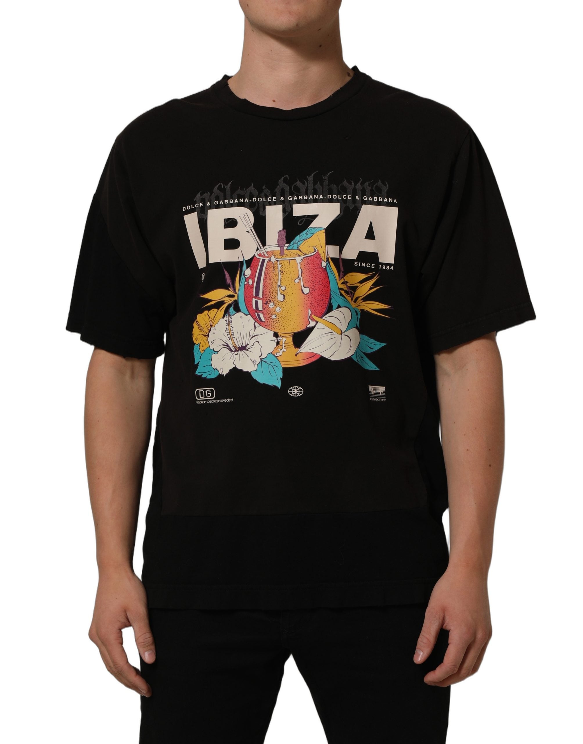 Dolce & Gabbana Schwarzes Tropical "IBIZA" Herren T-Shirt mit Rundhalsausschnitt-6