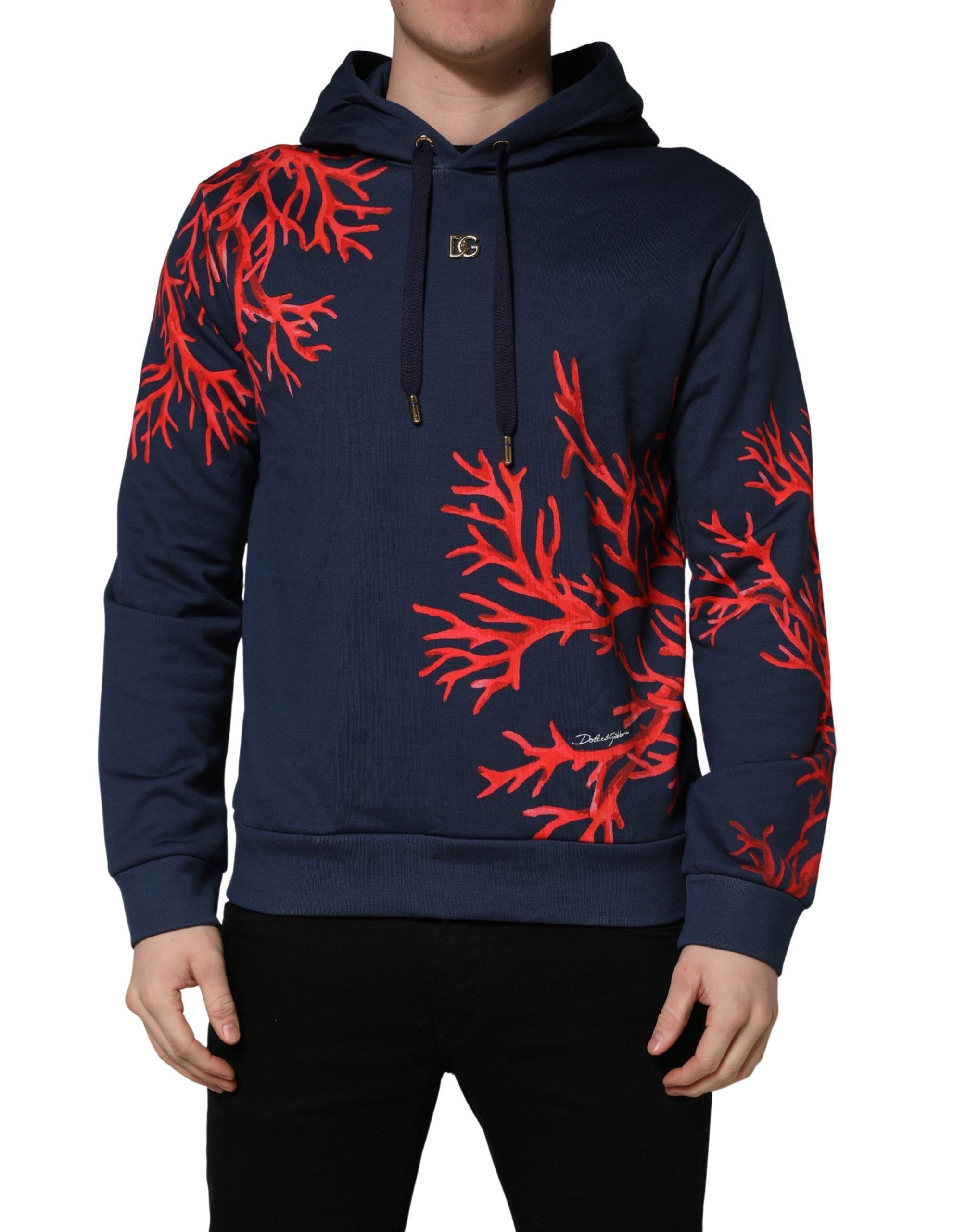 Dolce & Gabbana Blauer Kapuzenpullover aus Baumwolle mit Korallen-Logo-4