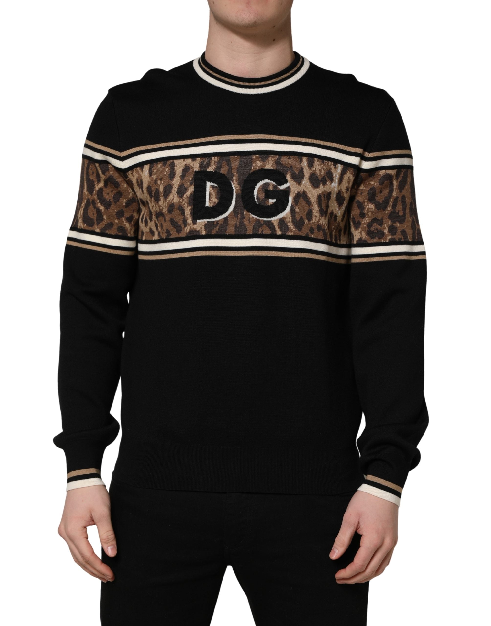 Dolce & Gabbana Pullover-Pullover aus schwarzer Wolle mit Leopardenmuster für Herren-2