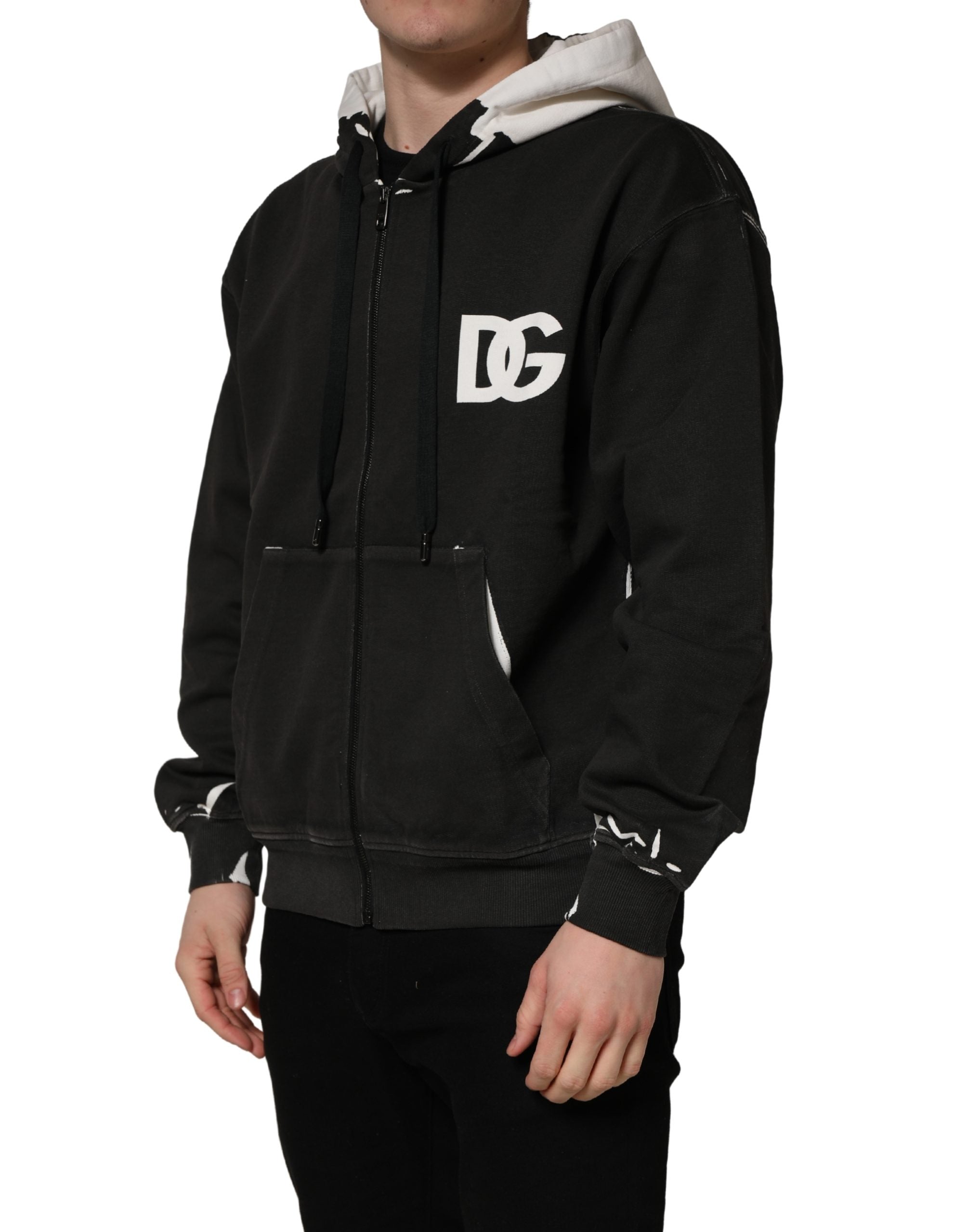 Dolce & Gabbana Schwarzer Kapuzenpullover mit durchgehendem Reißverschluss und Logo aus Baumwolle-3
