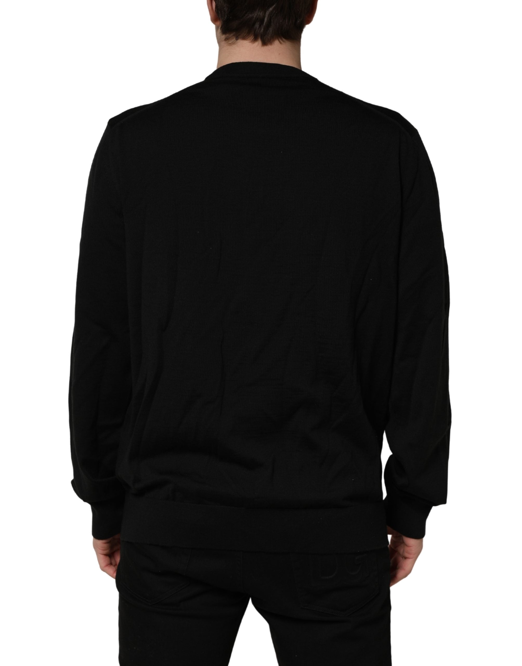 Dolce & Gabbana Schwarzer Wollpullover mit Rundhalsausschnitt und grafischem Logo-1