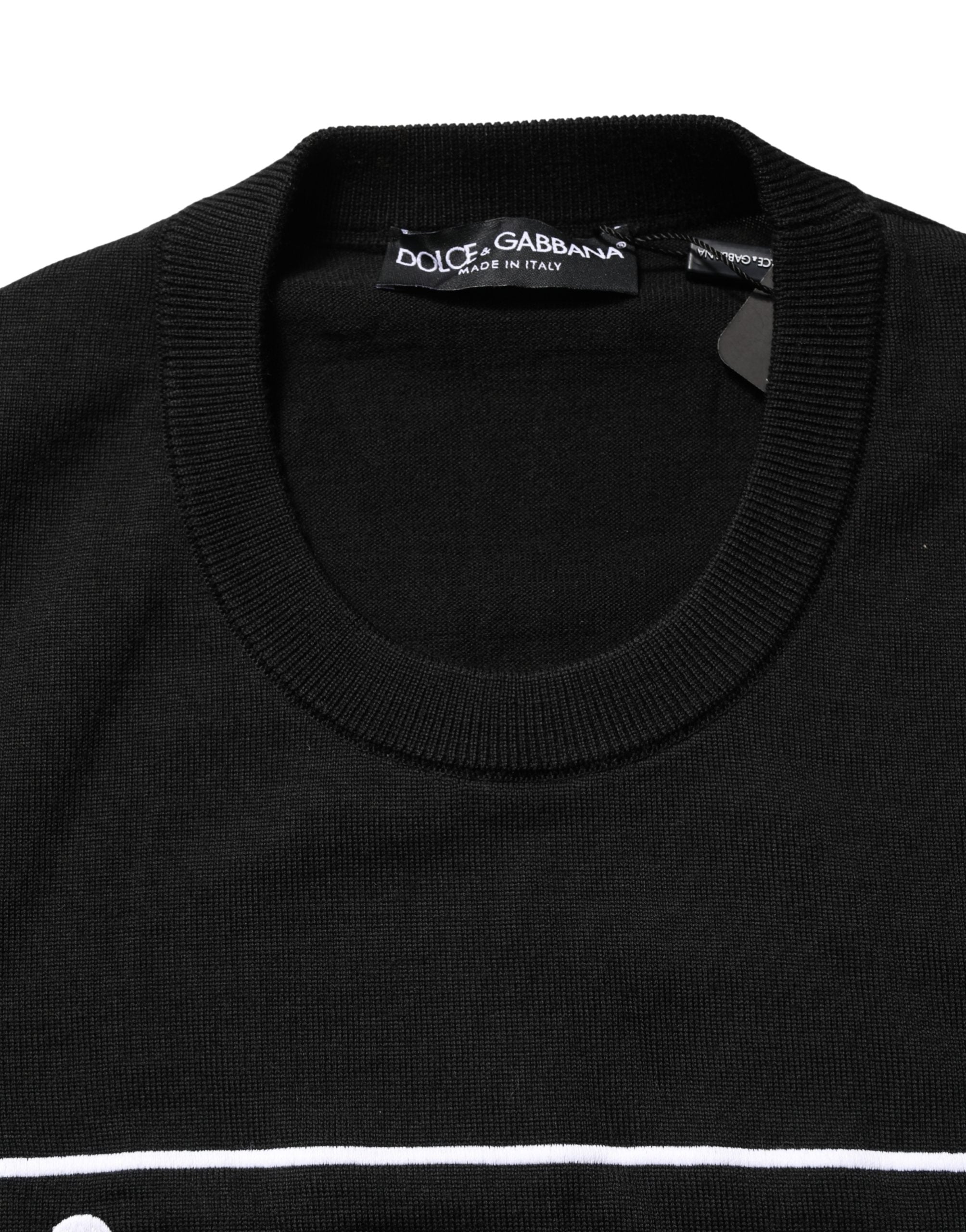 Dolce & Gabbana Schwarzer Wollpullover mit Rundhalsausschnitt und grafischem Logo-4