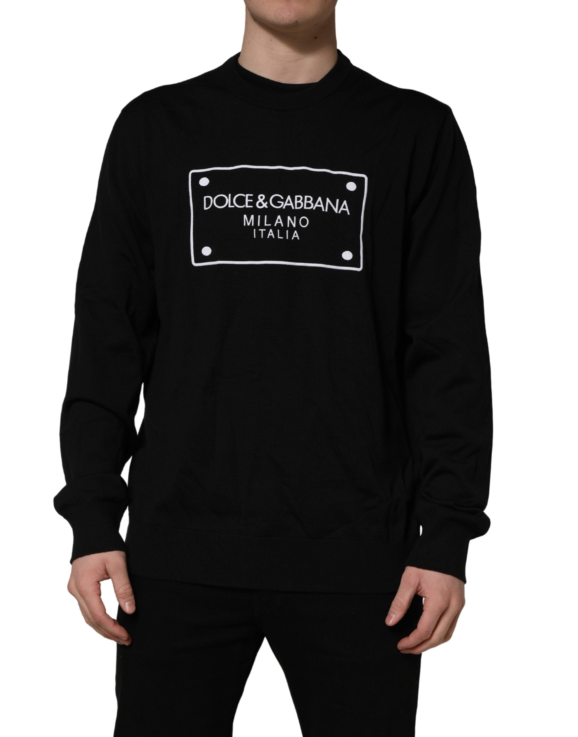 Dolce & Gabbana Schwarzer Wollpullover mit Rundhalsausschnitt und grafischem Logo-7