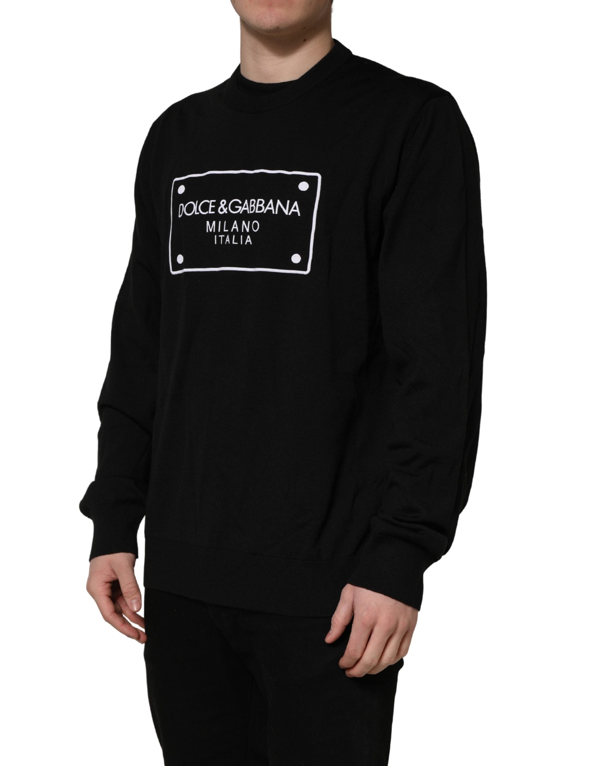 Dolce & Gabbana Schwarzer Wollpullover mit Rundhalsausschnitt und grafischem Logo-8