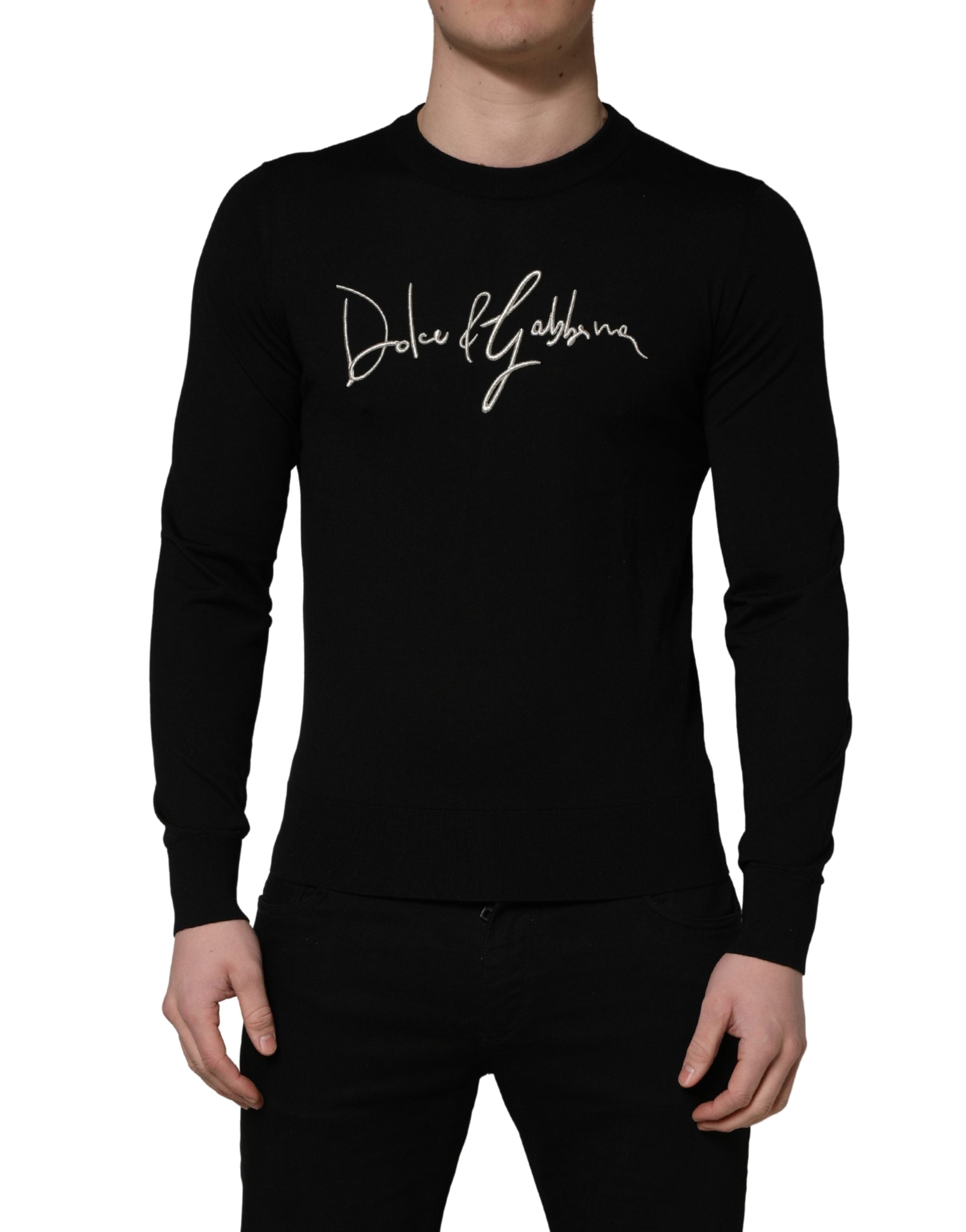Dolce & Gabbana Schwarzer Pullover mit Rundhalsausschnitt und gesticktem Logo-2