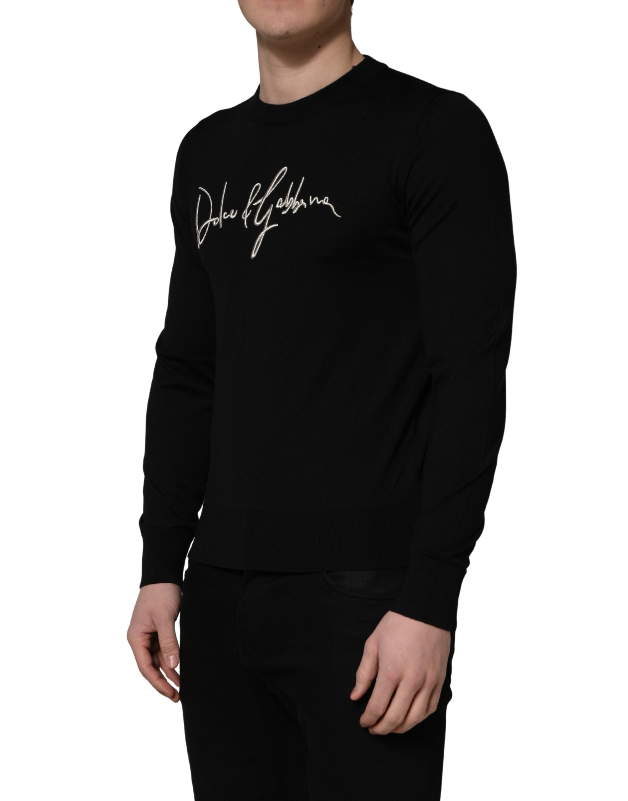 Dolce & Gabbana Schwarzer Pullover mit Rundhalsausschnitt und gesticktem Logo-3