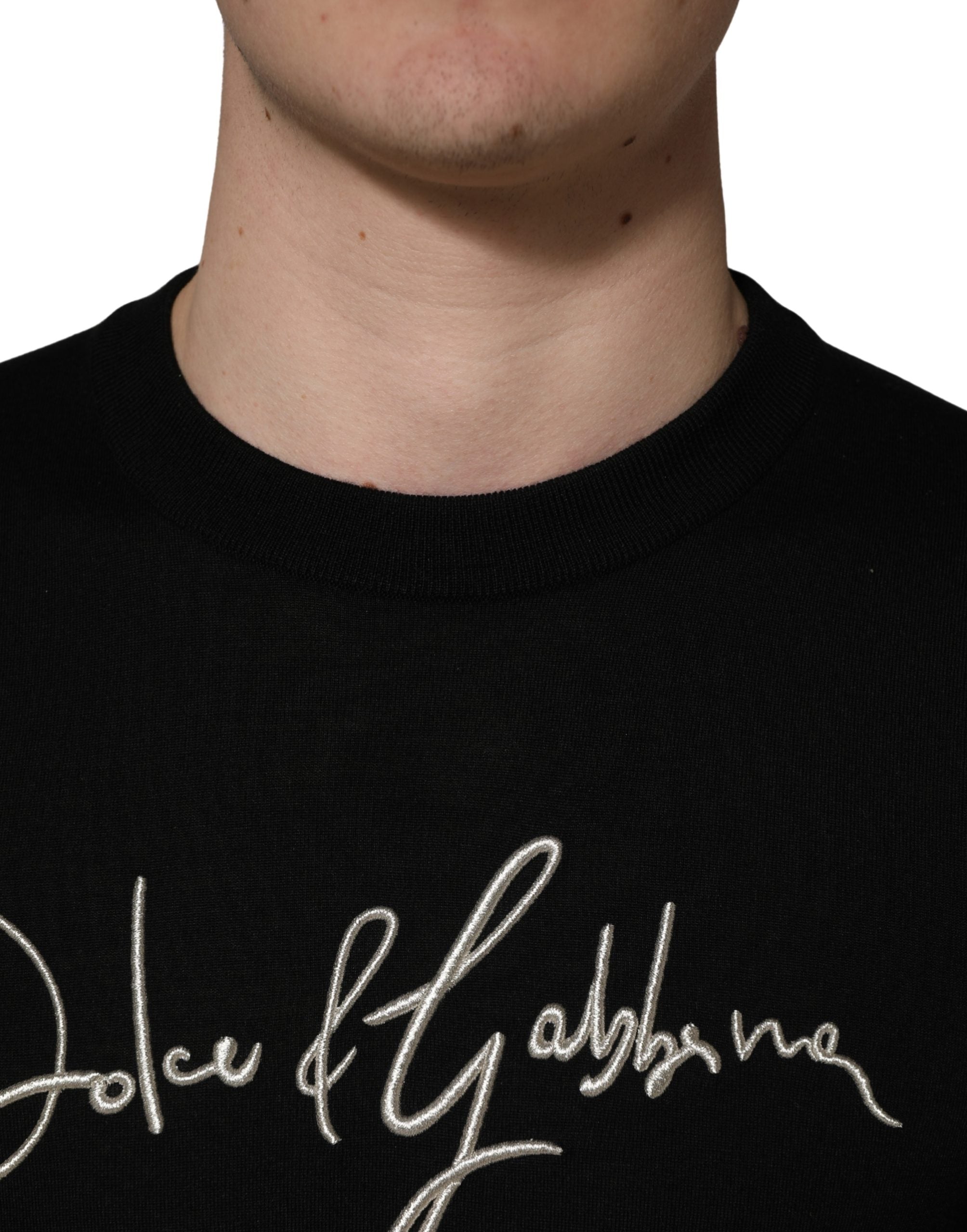 Dolce & Gabbana Schwarzer Pullover mit Rundhalsausschnitt und gesticktem Logo-5