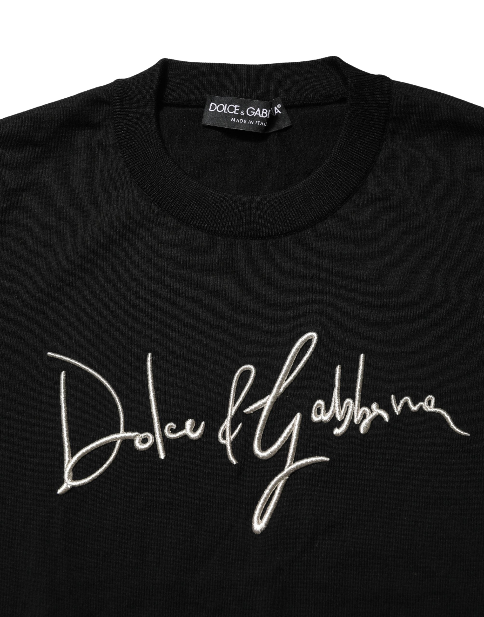 Dolce & Gabbana Schwarzer Pullover mit Rundhalsausschnitt und gesticktem Logo-7