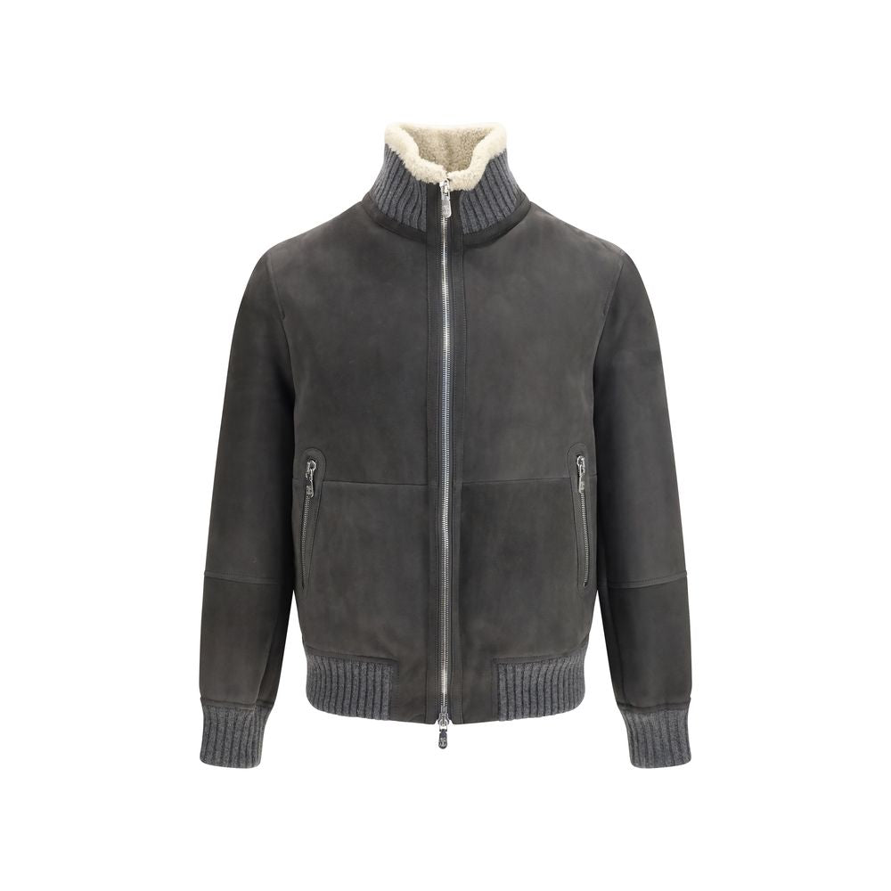 Brunello Cucinelli Graue Lammfelljacke Aries aus Wolle, durchgehend-1