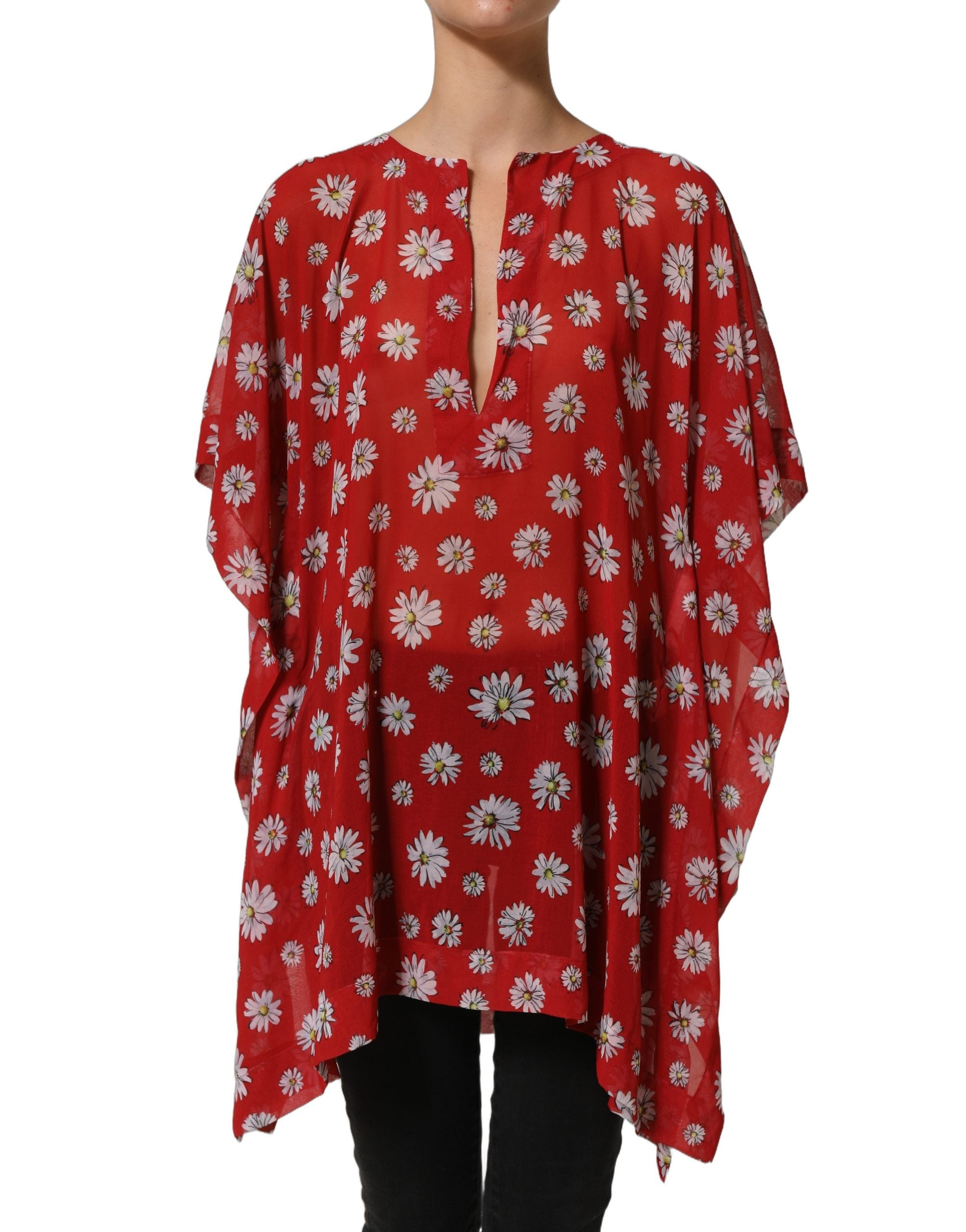 Dolce & Gabbana Rote Kaftan-Bluse aus Polyester mit Blumenmuster und V-Ausschnitt-1