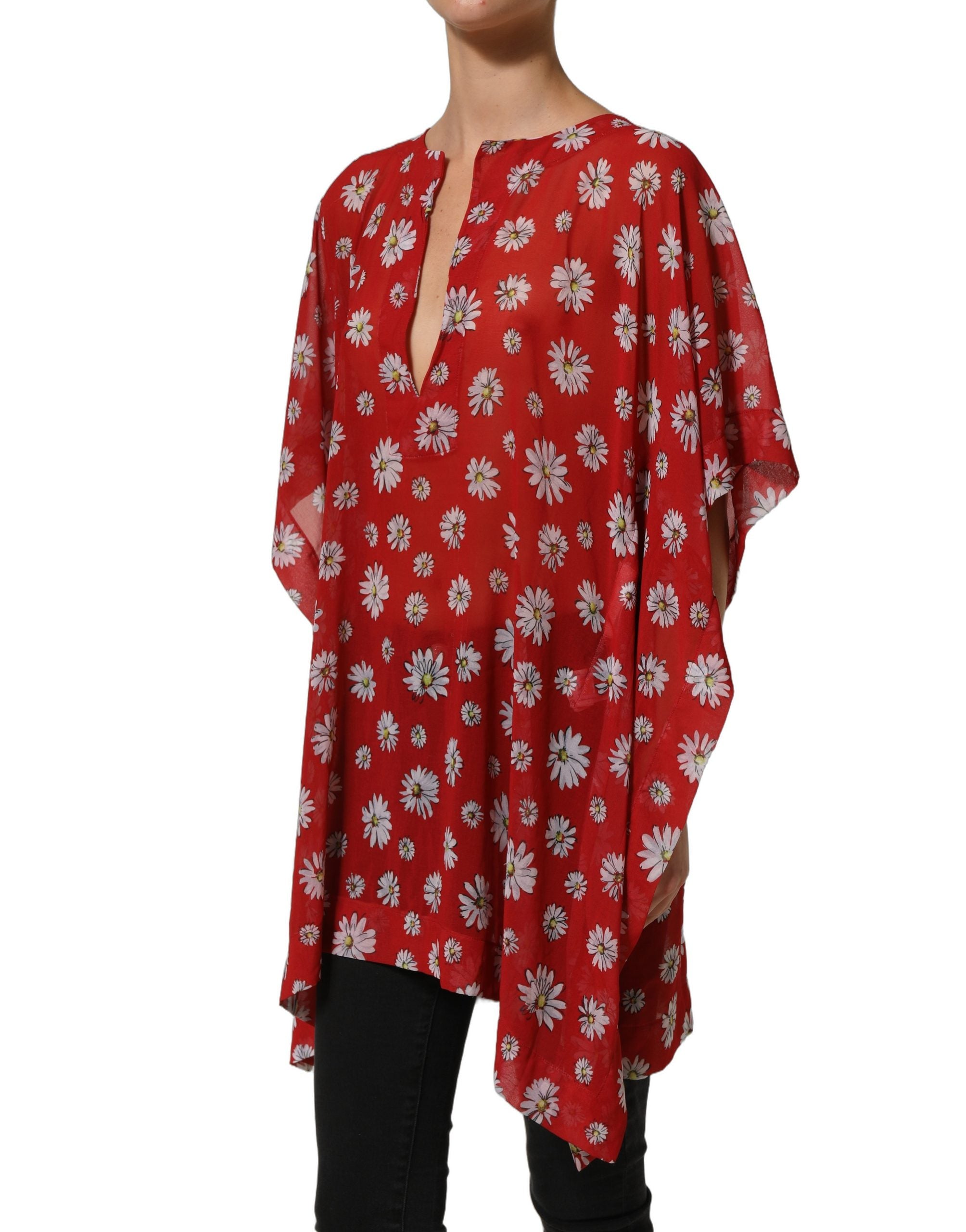 Dolce & Gabbana Rote Kaftan-Bluse aus Polyester mit Blumenmuster und V-Ausschnitt-3