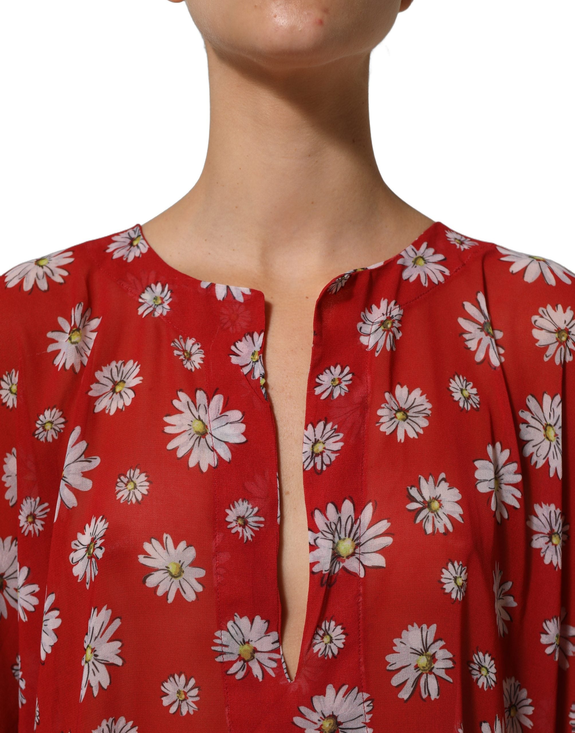 Dolce & Gabbana Rote Kaftan-Bluse aus Polyester mit Blumenmuster und V-Ausschnitt-5