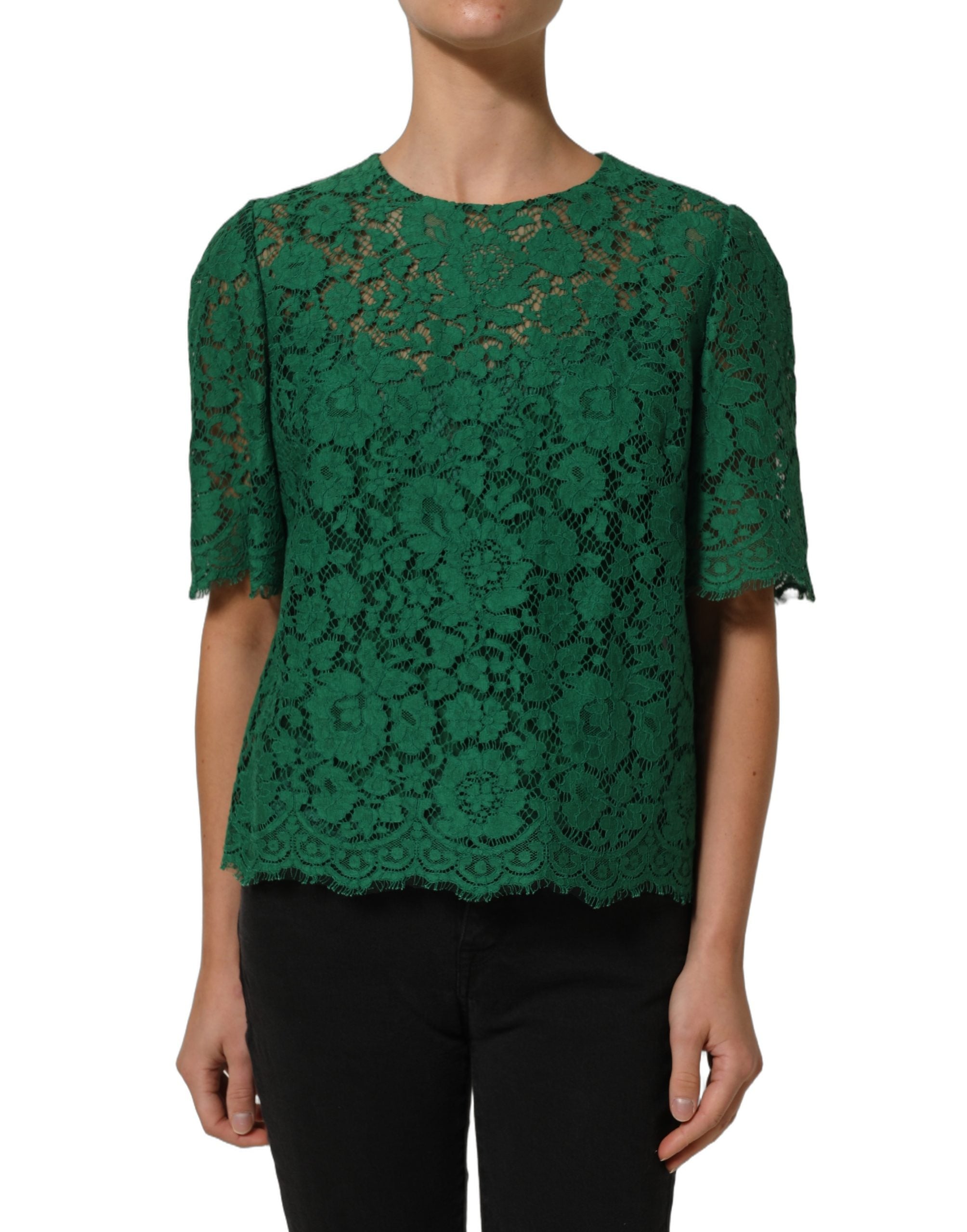 Dolce & Gabbana Grüne Blumen-Spitzenbluse mit Rundhalsausschnitt-3