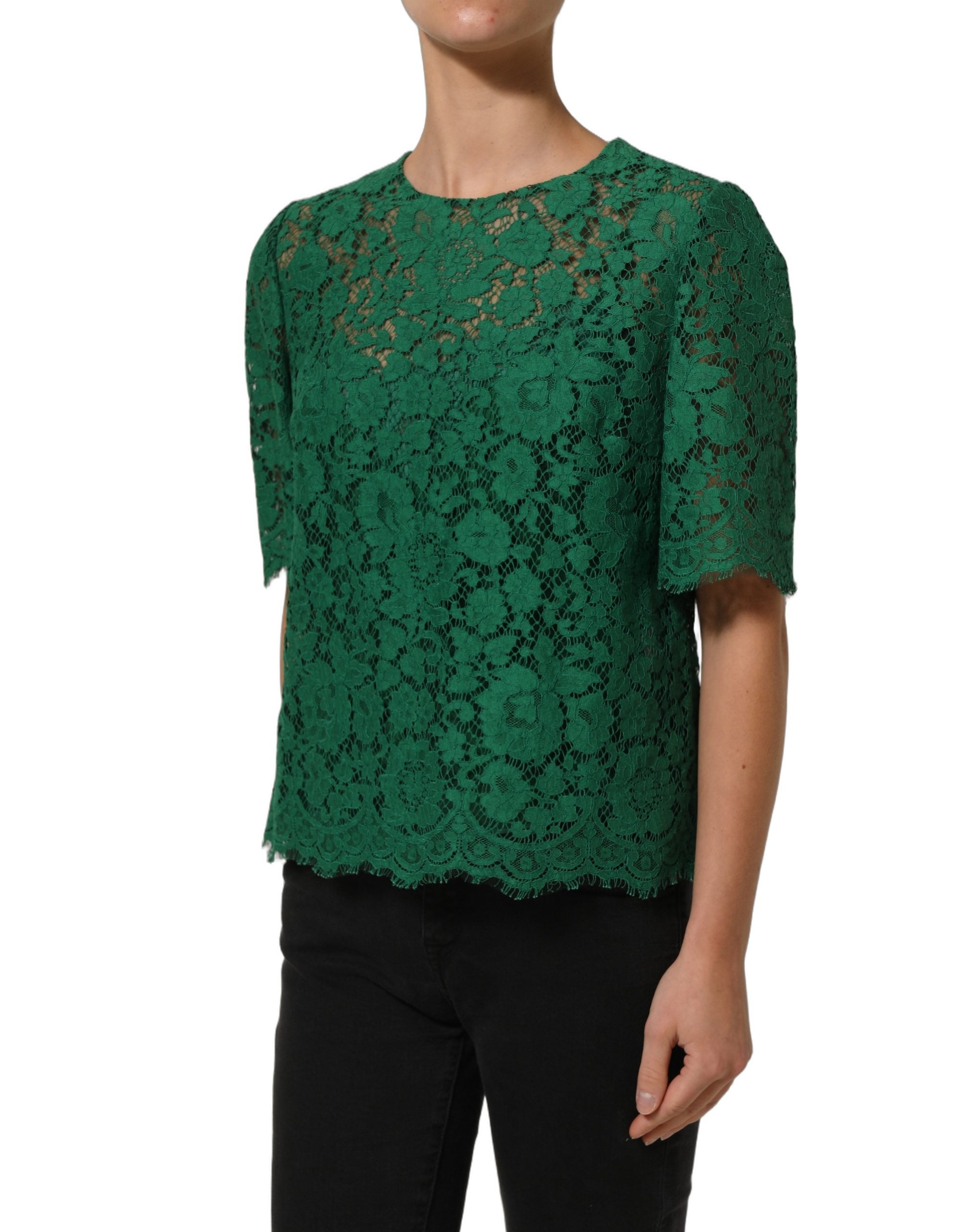 Dolce & Gabbana Grüne Blumen-Spitzenbluse mit Rundhalsausschnitt-4