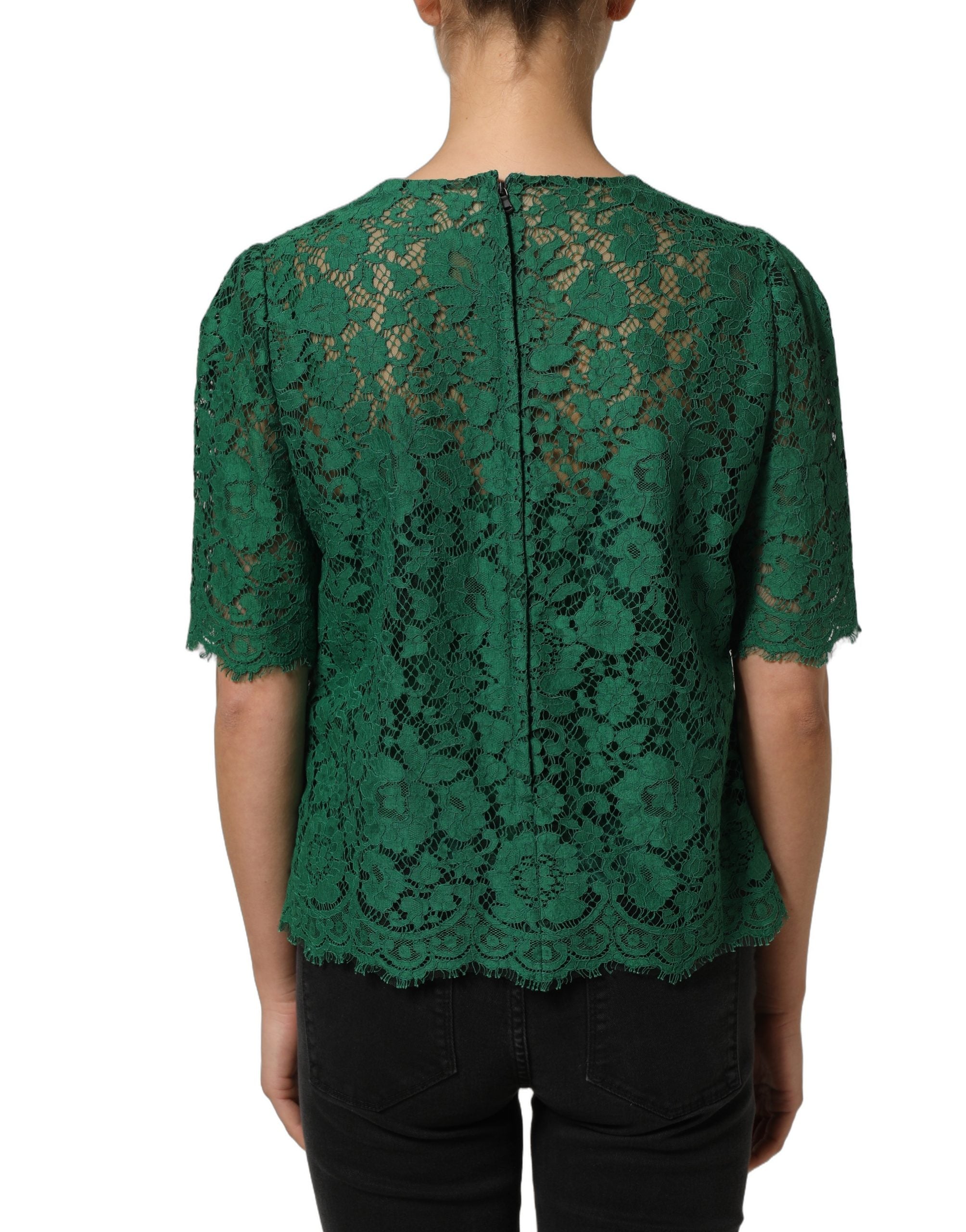 Dolce & Gabbana Grüne Blumen-Spitzenbluse mit Rundhalsausschnitt-6