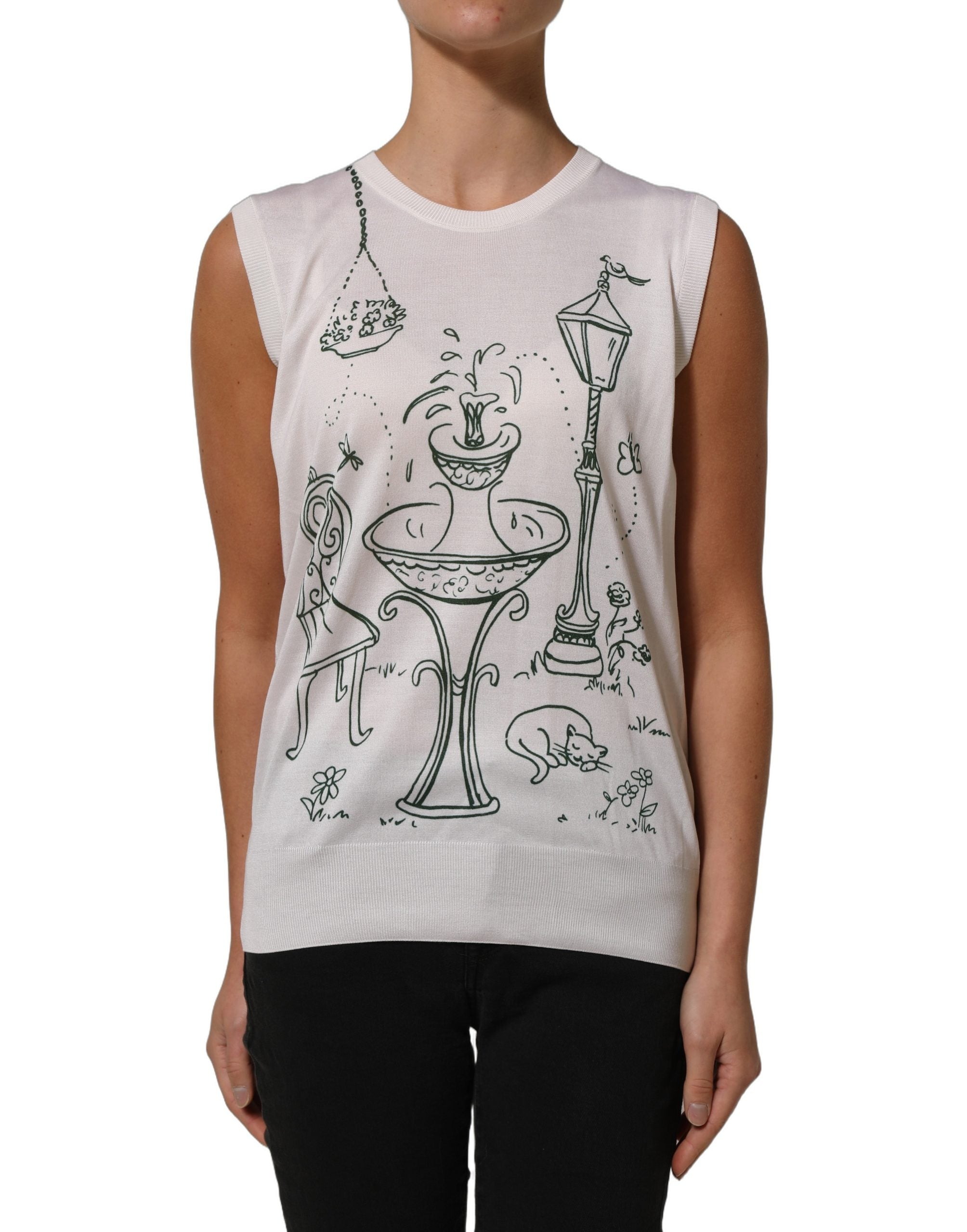 Dolce & Gabbana Weißes Seidenstrick-Top mit „Garden Fountain“-Print-2