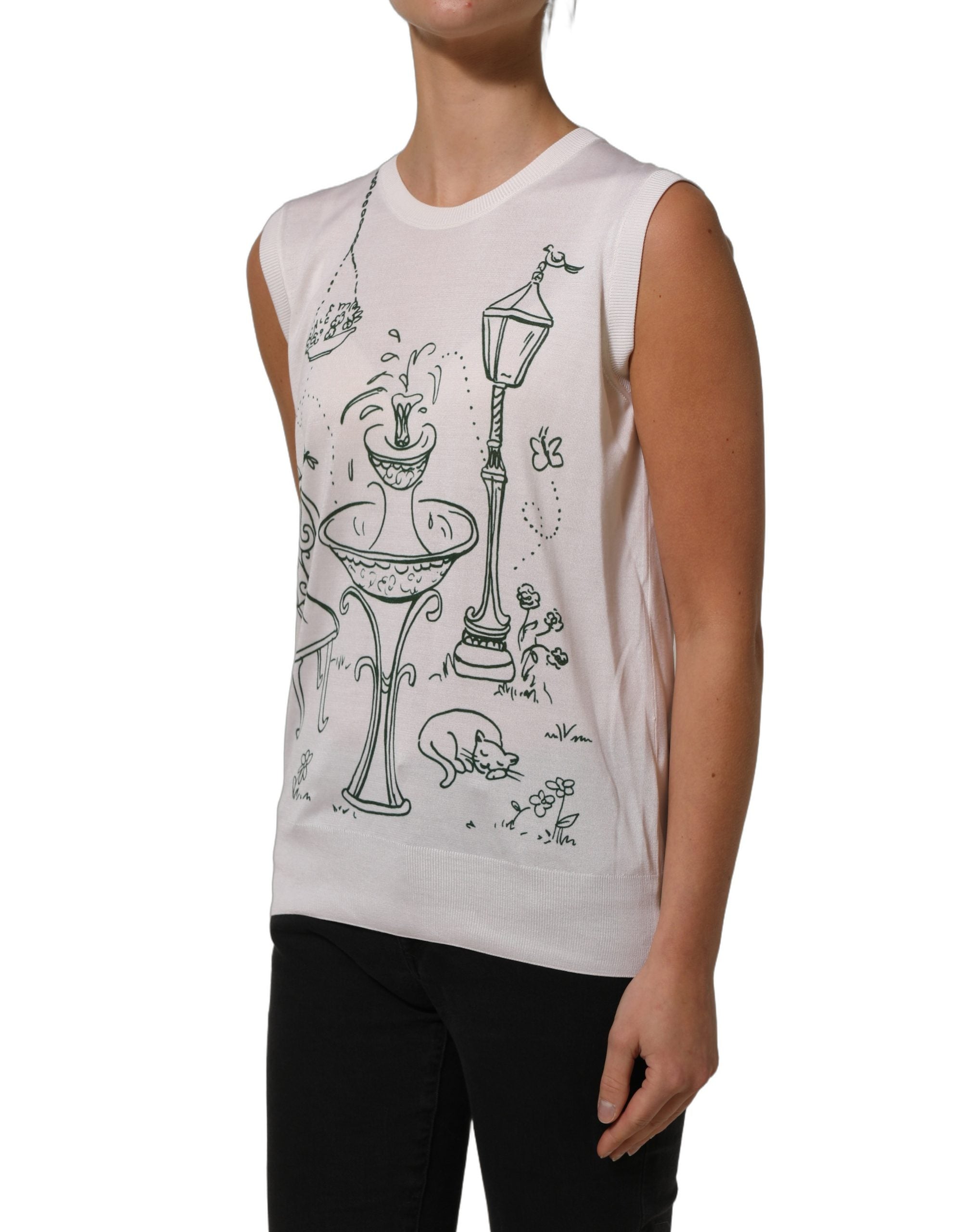 Dolce & Gabbana Weißes Seidenstrick-Top mit „Garden Fountain“-Print-3