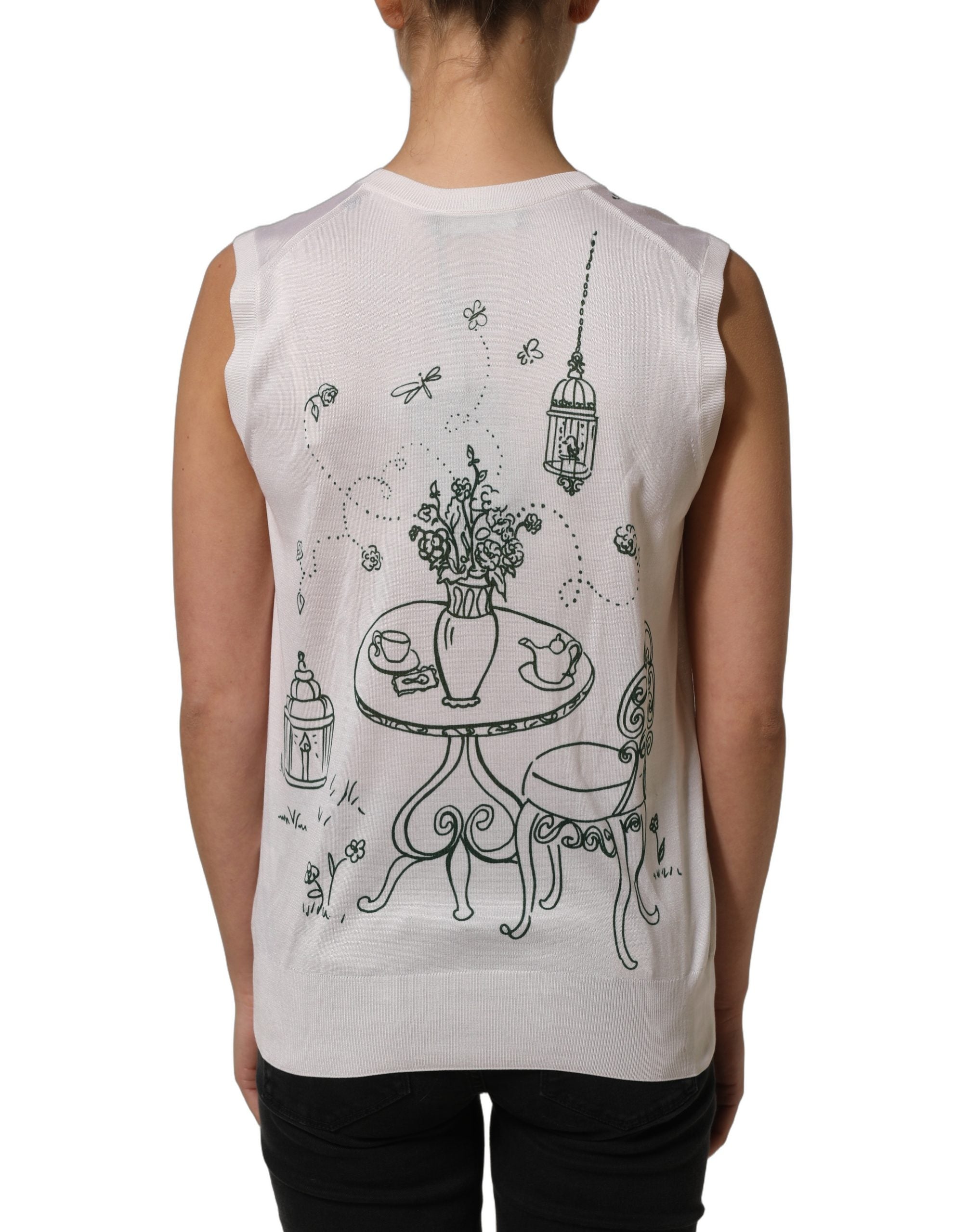 Dolce & Gabbana Weißes Seidenstrick-Top mit „Garden Fountain“-Print-4