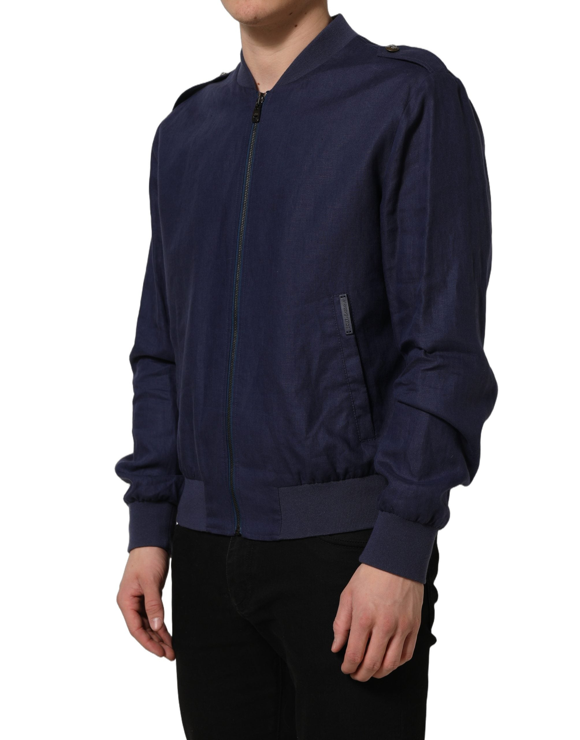 Dolce & Gabbana Blaue Bomberjacke aus Leinen mit durchgehendem Reißverschluss für Herren-4