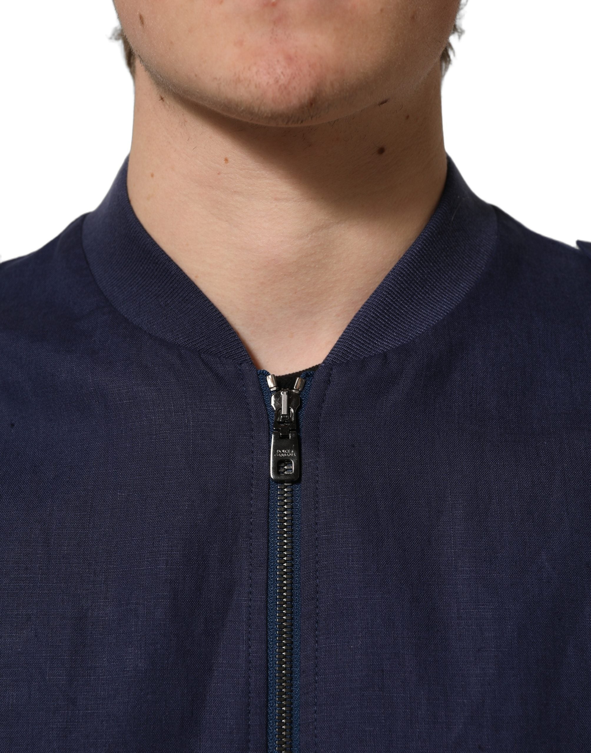 Dolce & Gabbana Blaue Bomberjacke aus Leinen mit durchgehendem Reißverschluss für Herren-6