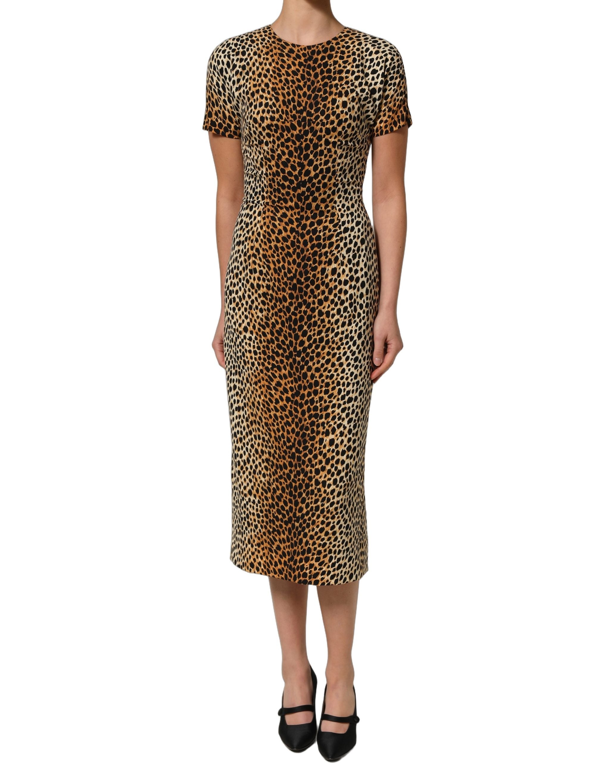 Dolce & Gabbana Braunes Etuikleid aus Seide mit Leopardenmuster, Midi-Länge-4