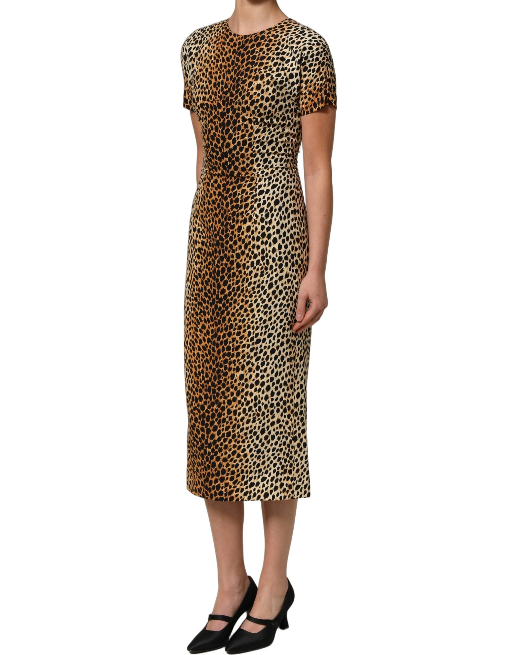 Dolce & Gabbana Braunes Etuikleid aus Seide mit Leopardenmuster, Midi-Länge-6
