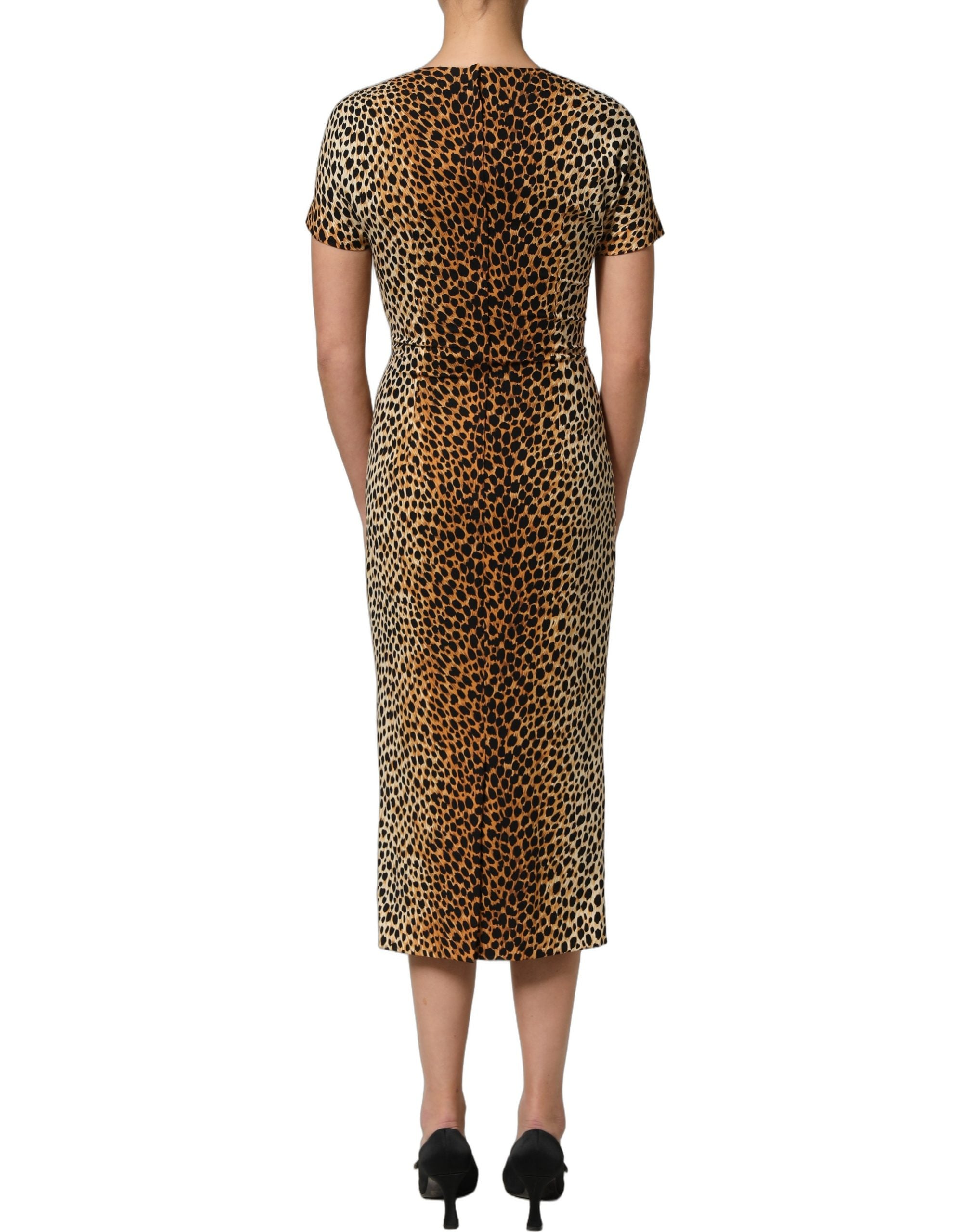 Dolce & Gabbana Braunes Etuikleid aus Seide mit Leopardenmuster, Midi-Länge-7