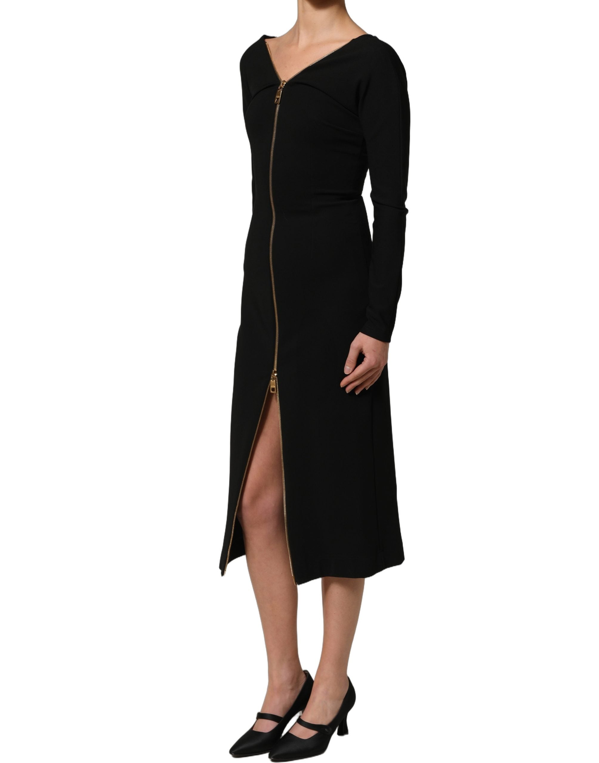Dolce & Gabbana Schwarzes Midikleid mit langen Ärmeln und durchgehendem Reißverschluss vorne-1