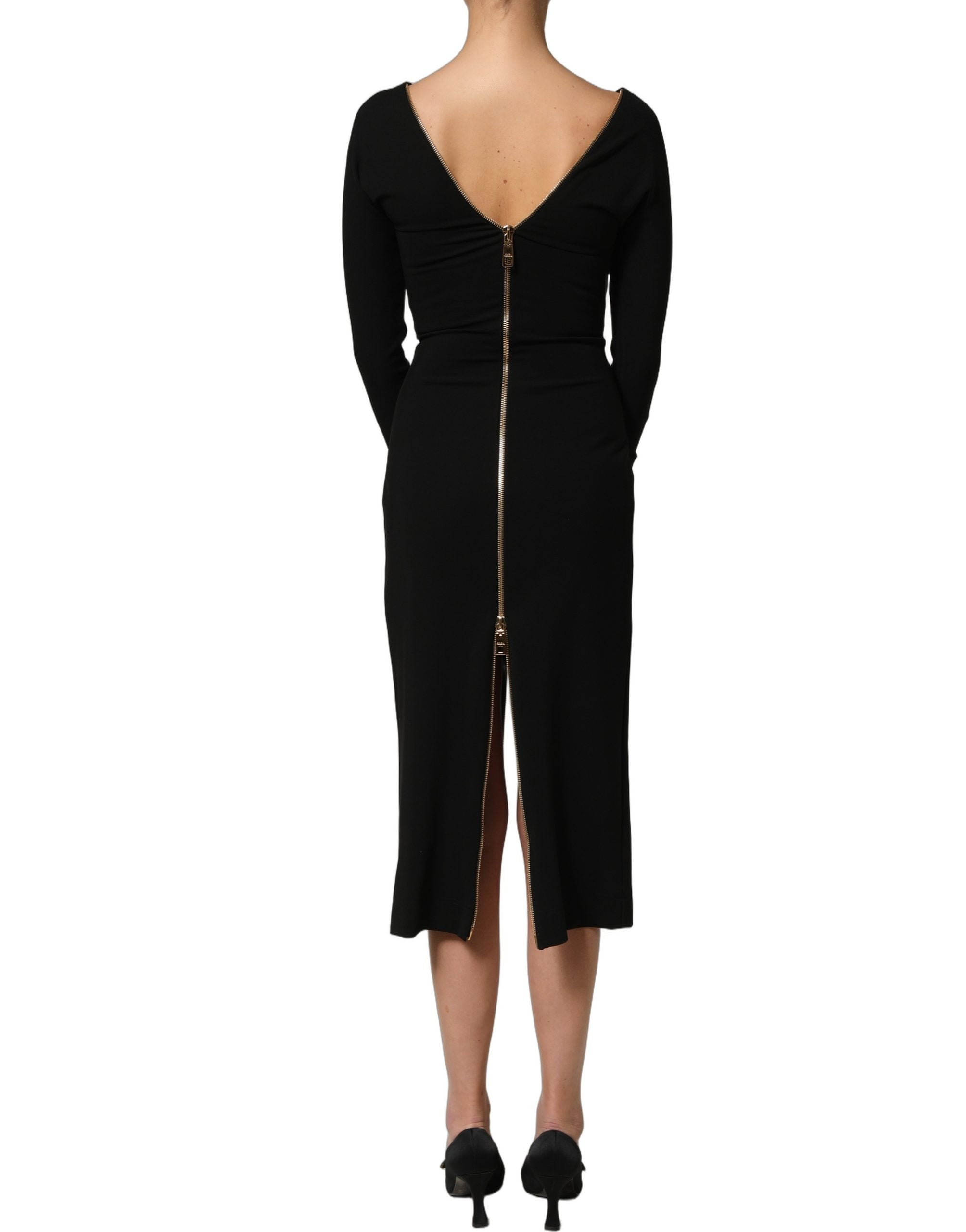Dolce & Gabbana Schwarzes Midikleid mit langen Ärmeln und durchgehendem Reißverschluss vorne-2