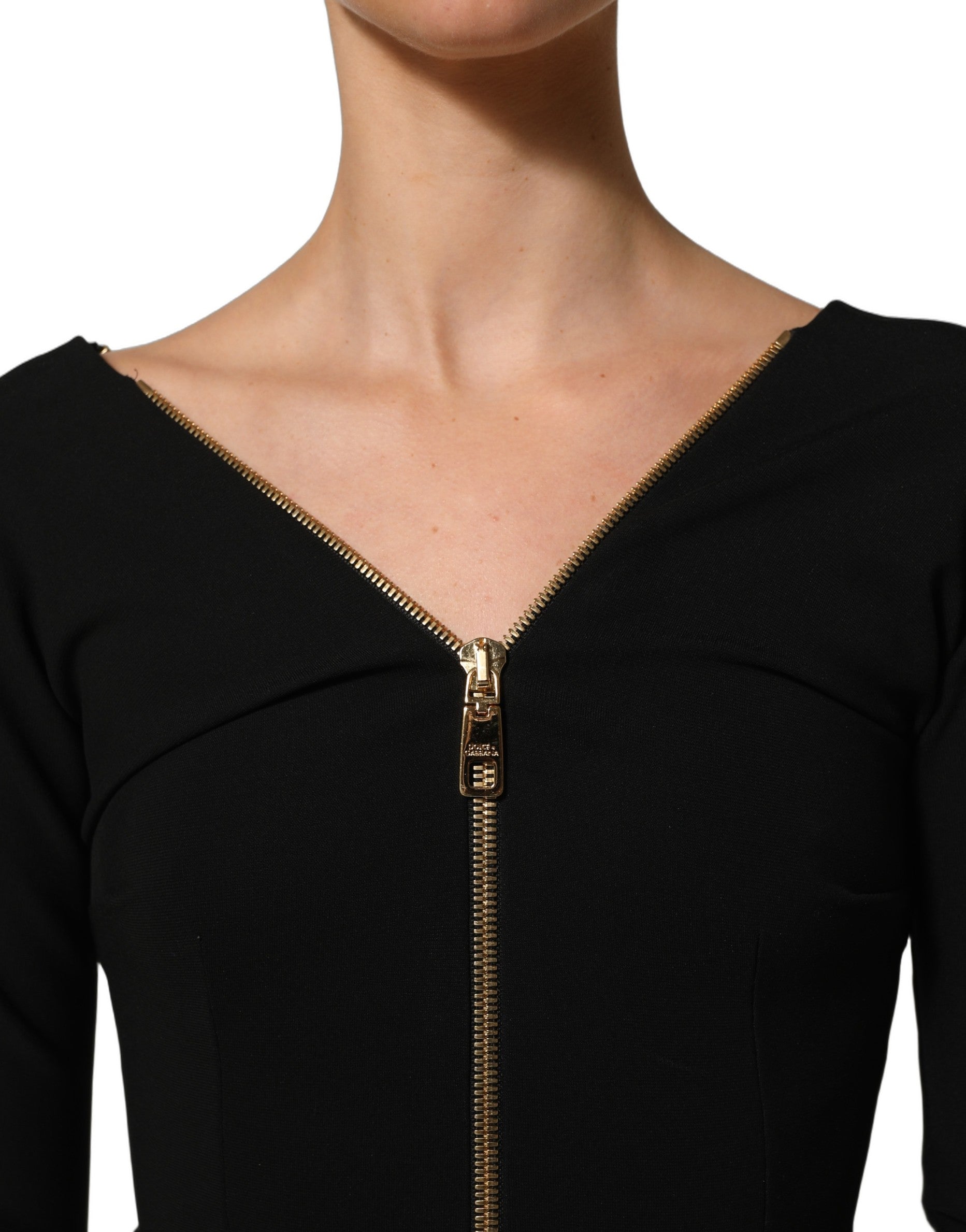 Dolce & Gabbana Schwarzes Midikleid mit langen Ärmeln und durchgehendem Reißverschluss vorne-3