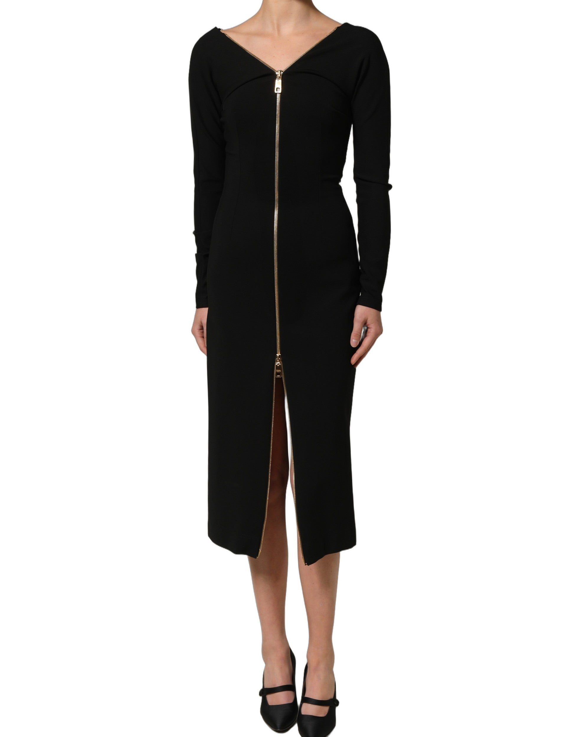 Dolce & Gabbana Schwarzes Midikleid mit langen Ärmeln und durchgehendem Reißverschluss vorne-6
